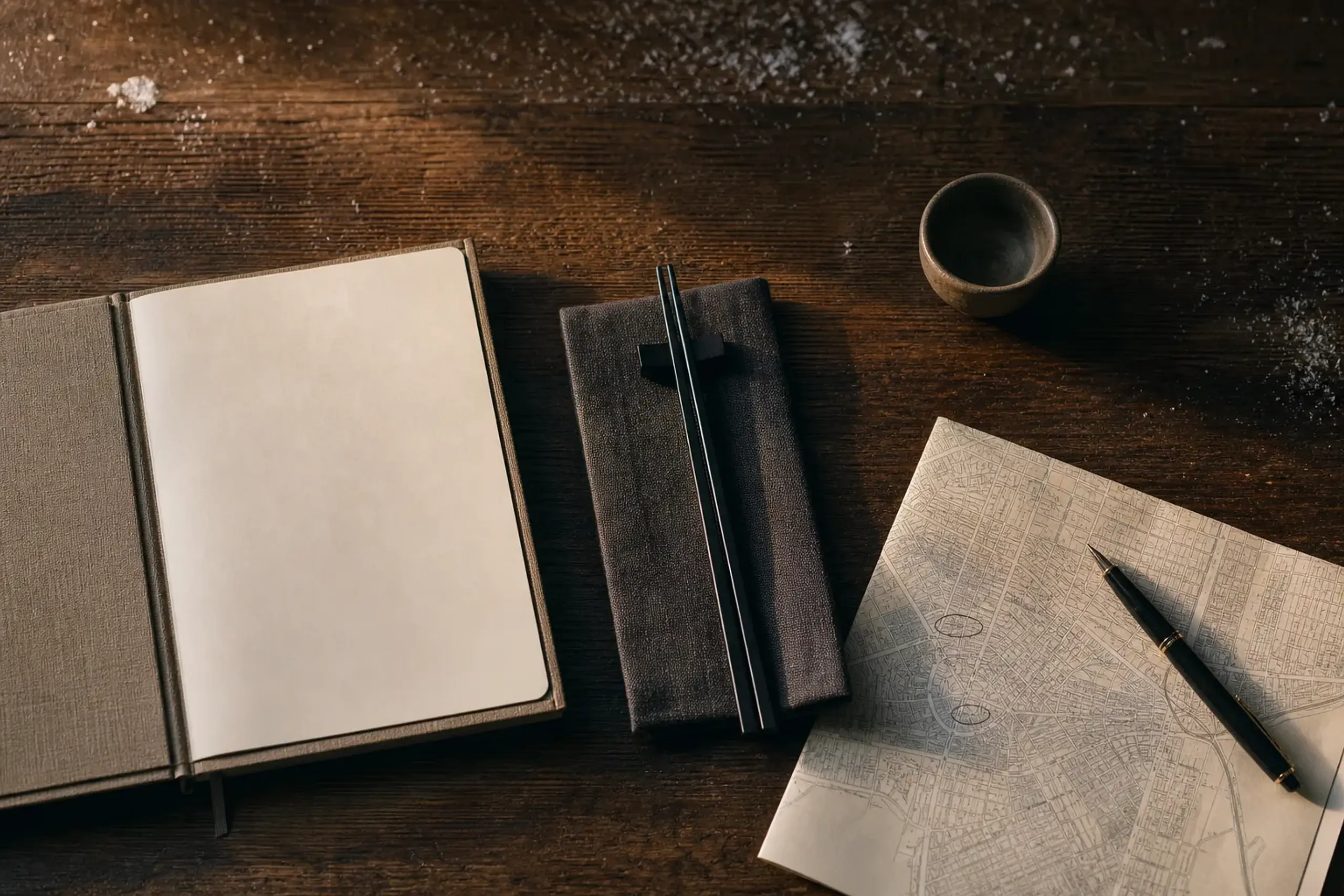 Tasting-menu notes, chopsticks, a sake cup, and a Tokyo map used to plan a modern dining evening