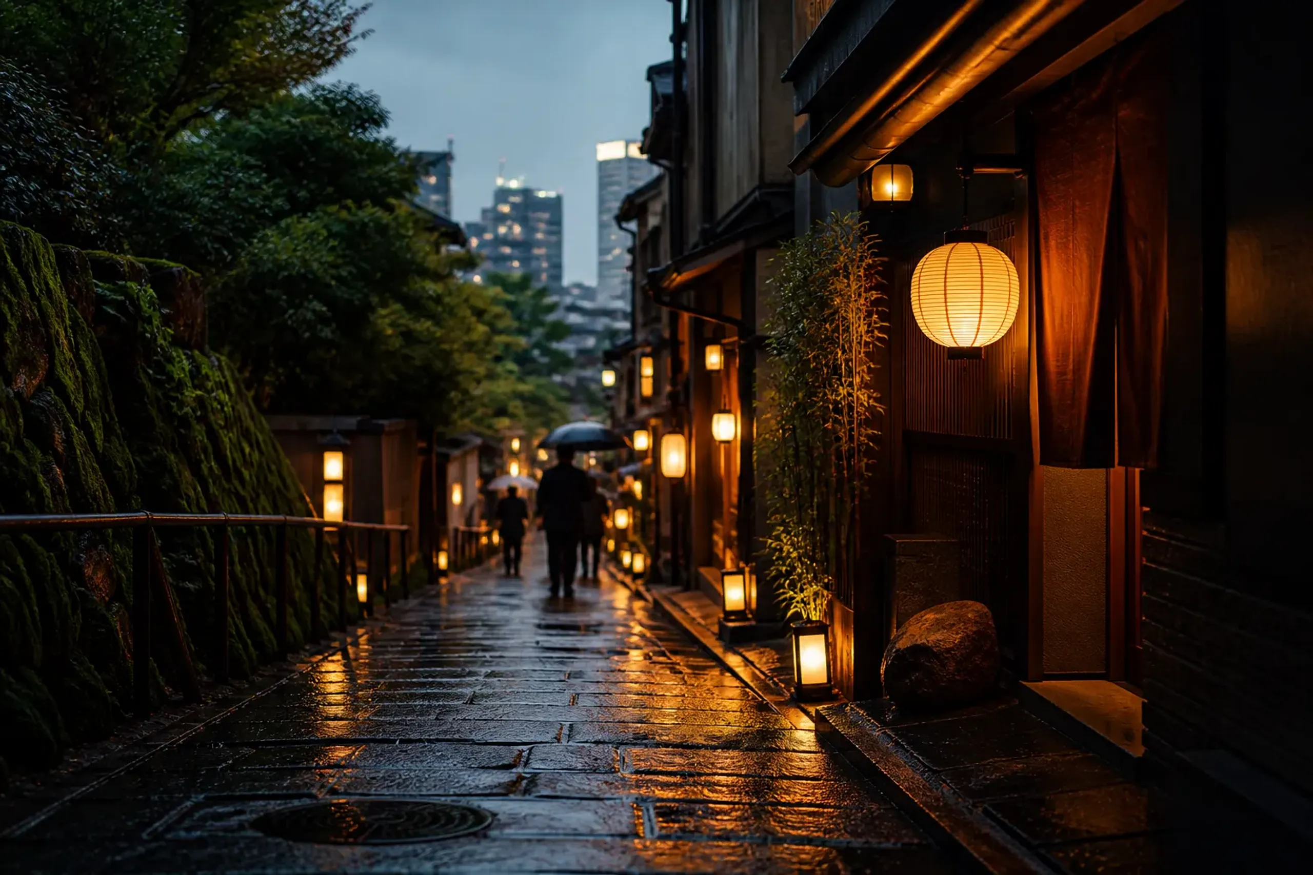Warmly lit Akasaka dining street at night with restaurant lanterns and a sloping lane