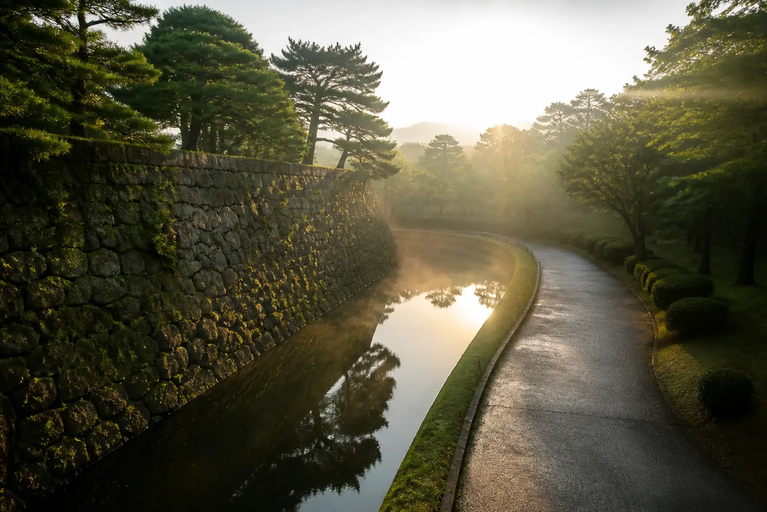 The wide, low-traffic Imperial Palace perimeter loop in Marunouchi at early morning, with the palace moat and stone embankment beside an empty jogging path