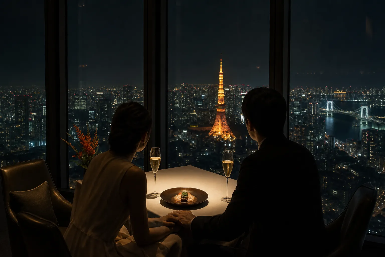 Couple enjoying a romantic fine dining dinner with a view of the Tokyo skyline at night.