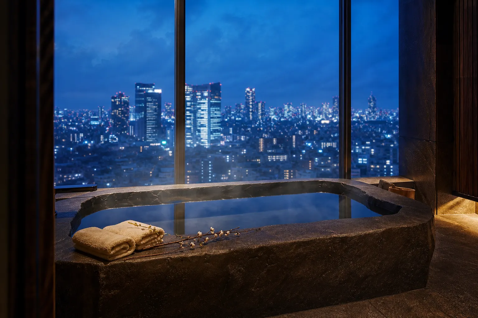Luxury hotel bathroom with a stone soaking tub and panoramic window view of Tokyo skyscrapers.