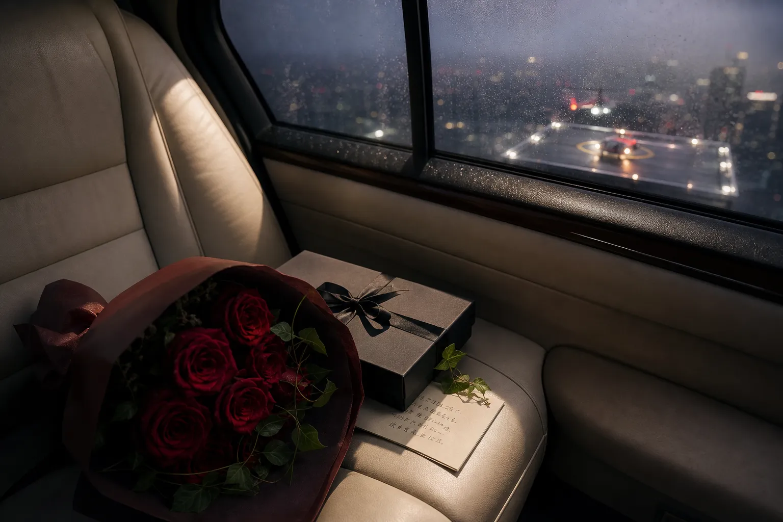 Elegant bouquet of roses and a luxury gift box prepared for a romantic surprise.