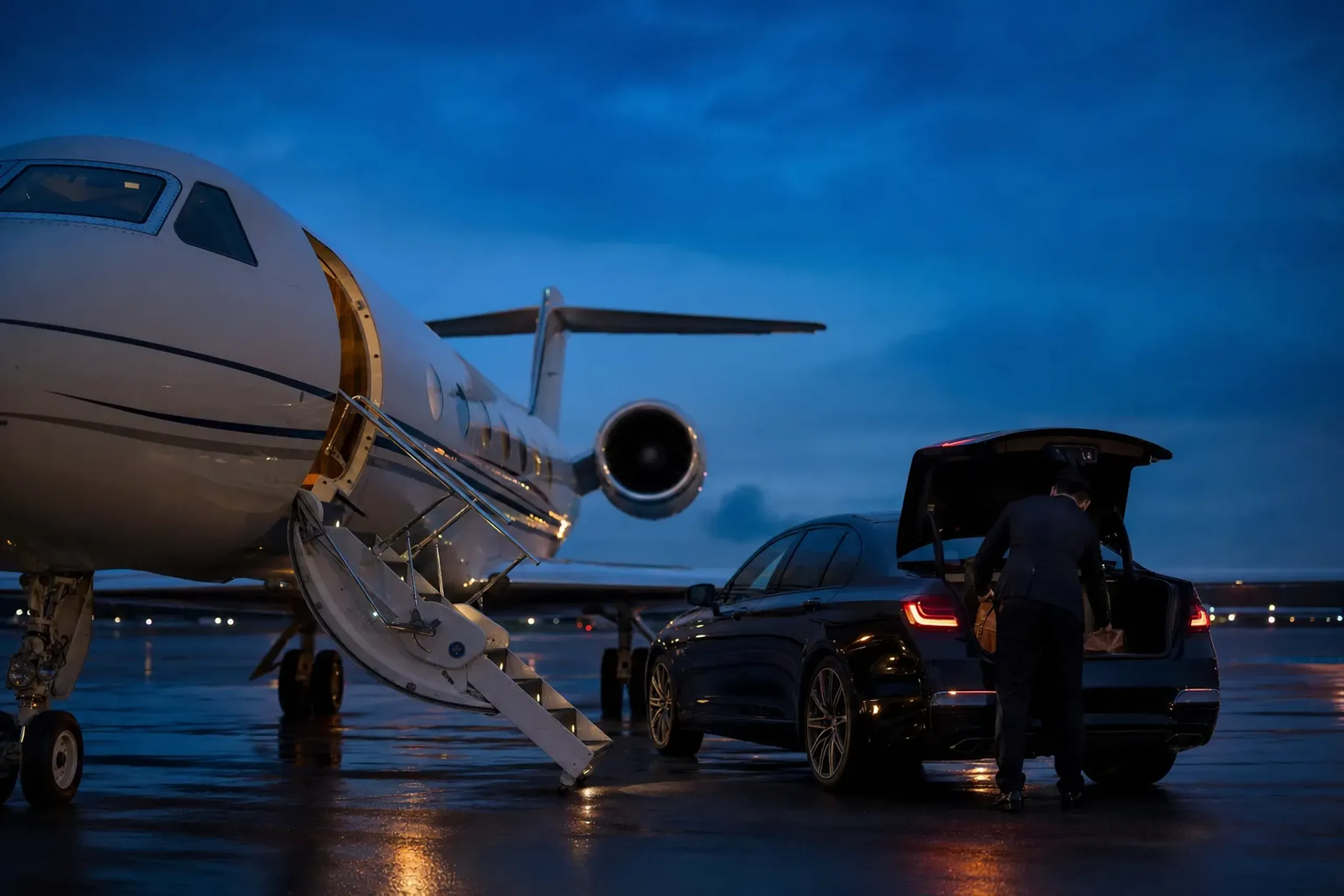 A private jet parked on the ramp at dusk with a waiting luxury car positioned directly at the foot of the aircraft stairs, luggage being loaded into the open trunk