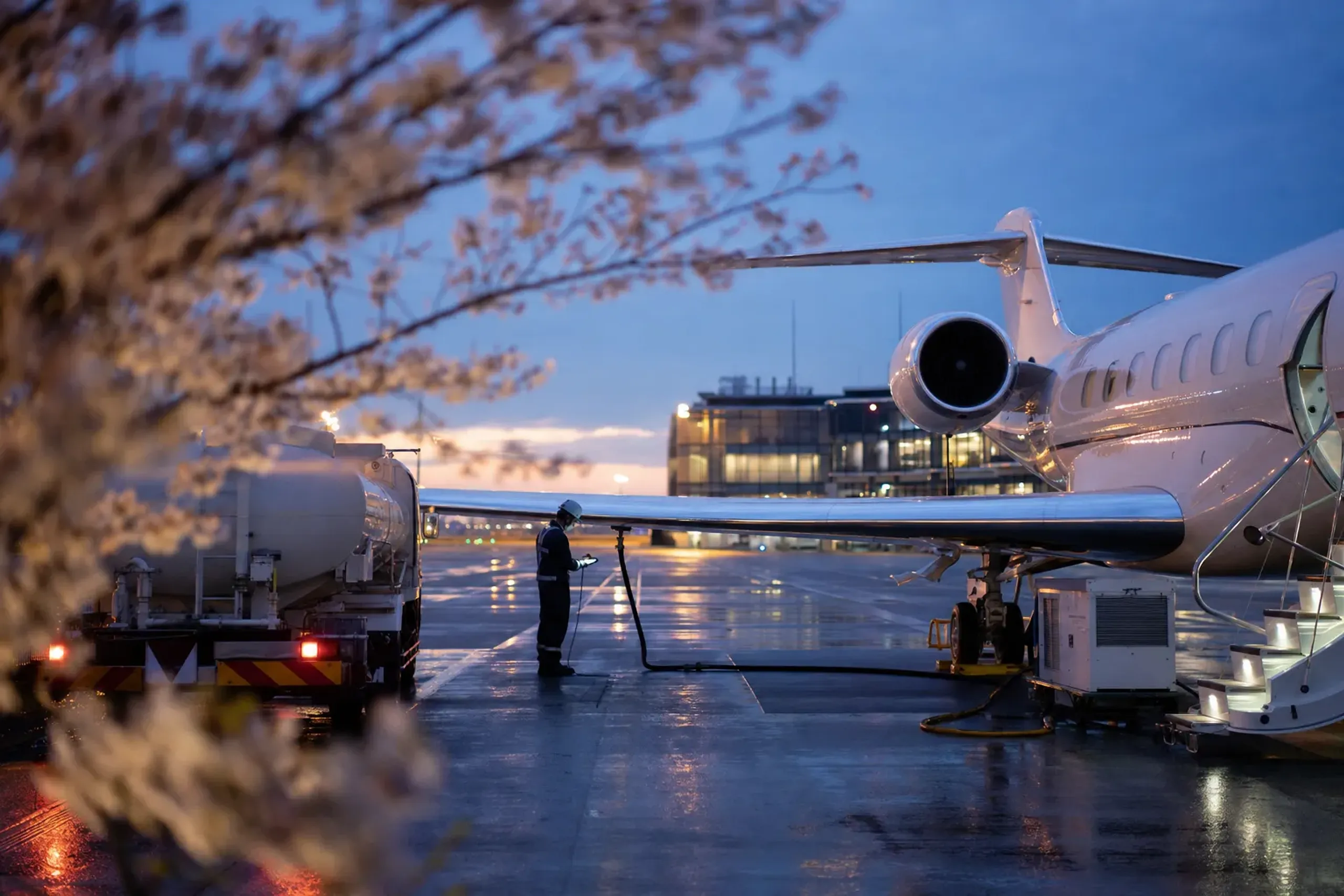 A fuel bowser servicing a business jet's wing tank on the ramp at Haneda's general aviation terminal, with ground handling equipment positioned around the aircraft