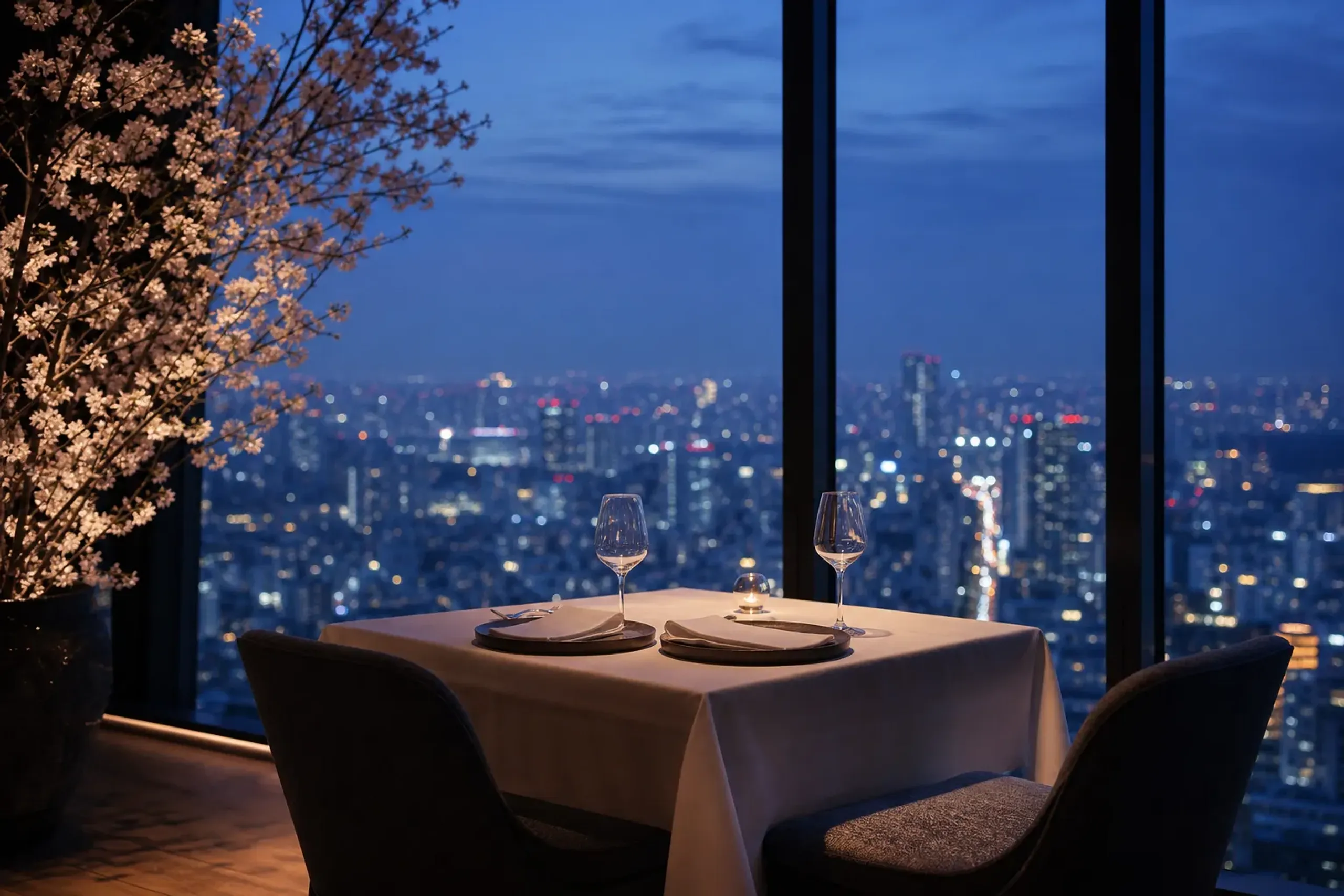 Set dining table against panoramic Tokyo city windows inside Sky Restaurant 634 at Tokyo Skytree