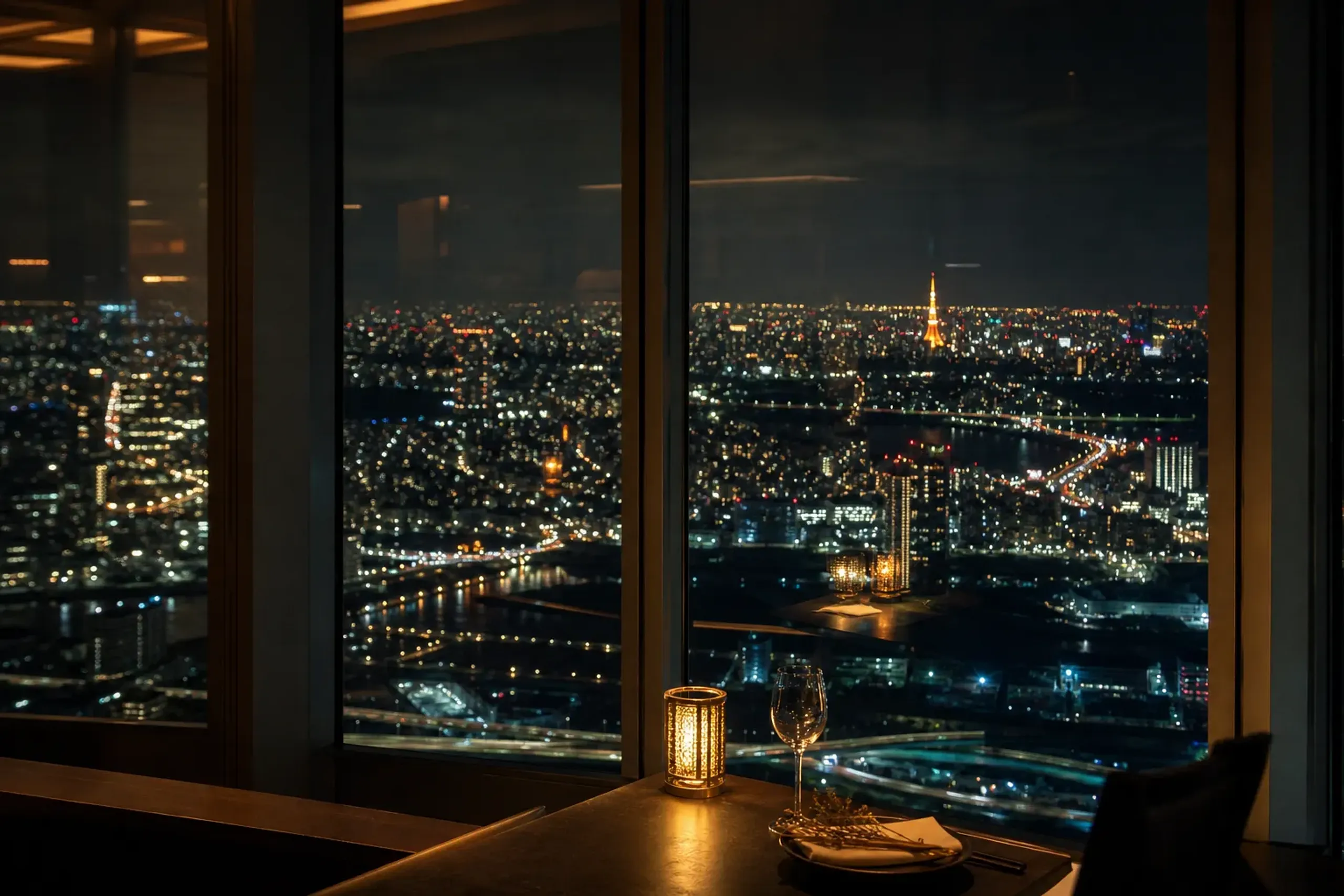 Illuminated Tokyo cityscape at night with Tokyo Tower glowing and lit expressways seen from Tokyo Skytree