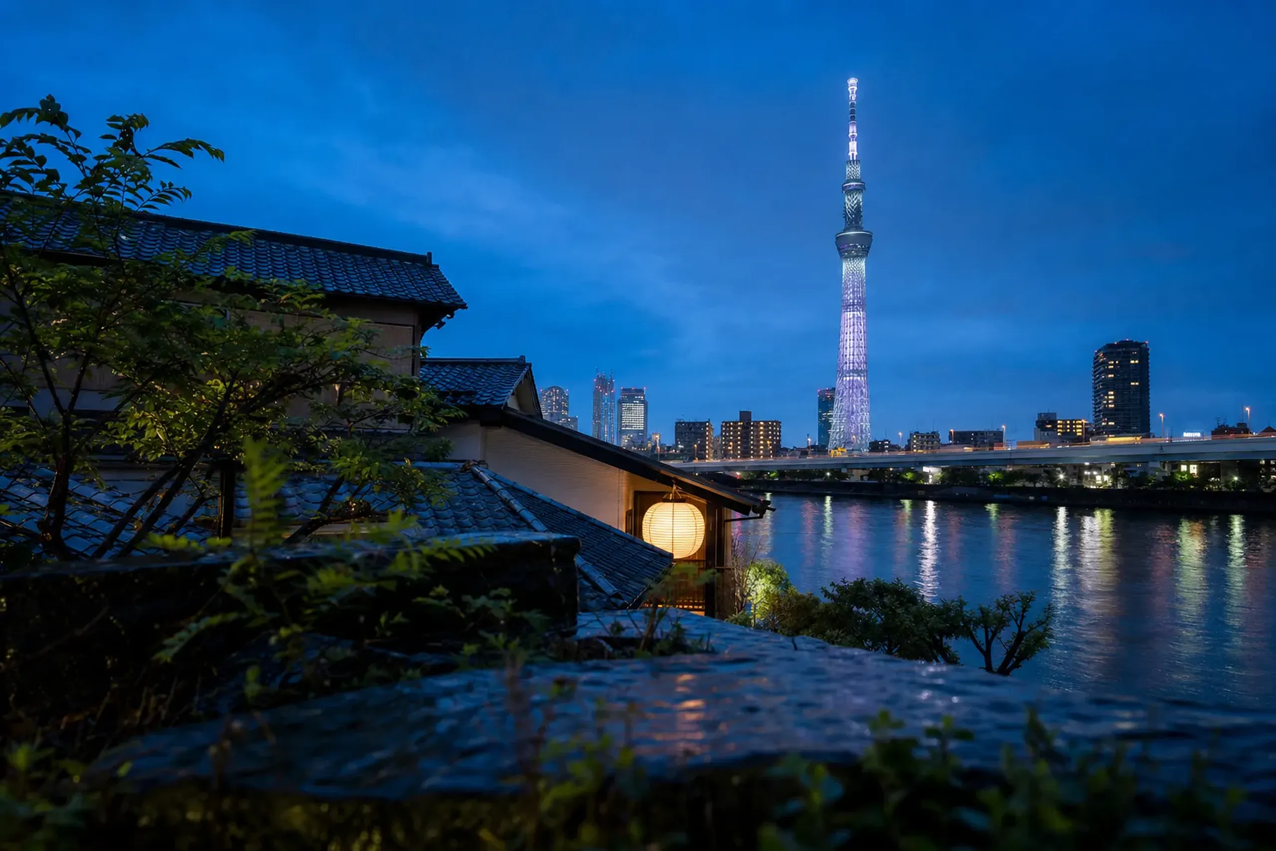 Illuminated Tokyo Skytree viewed from the Sumida River waterfront in Asakusa at night
