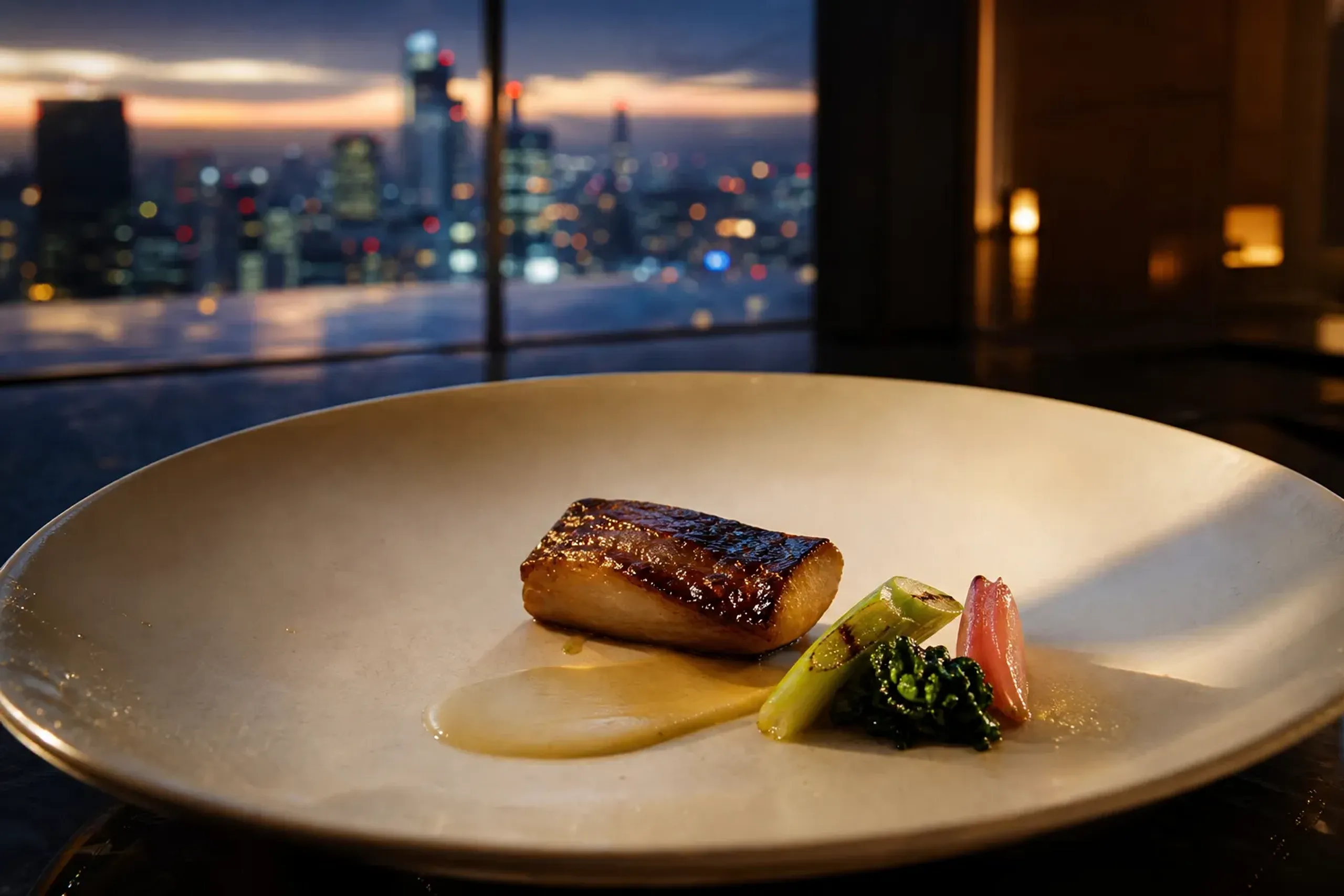 Elegant minimalist plated French-Japanese course with seasonal produce on fine porcelain