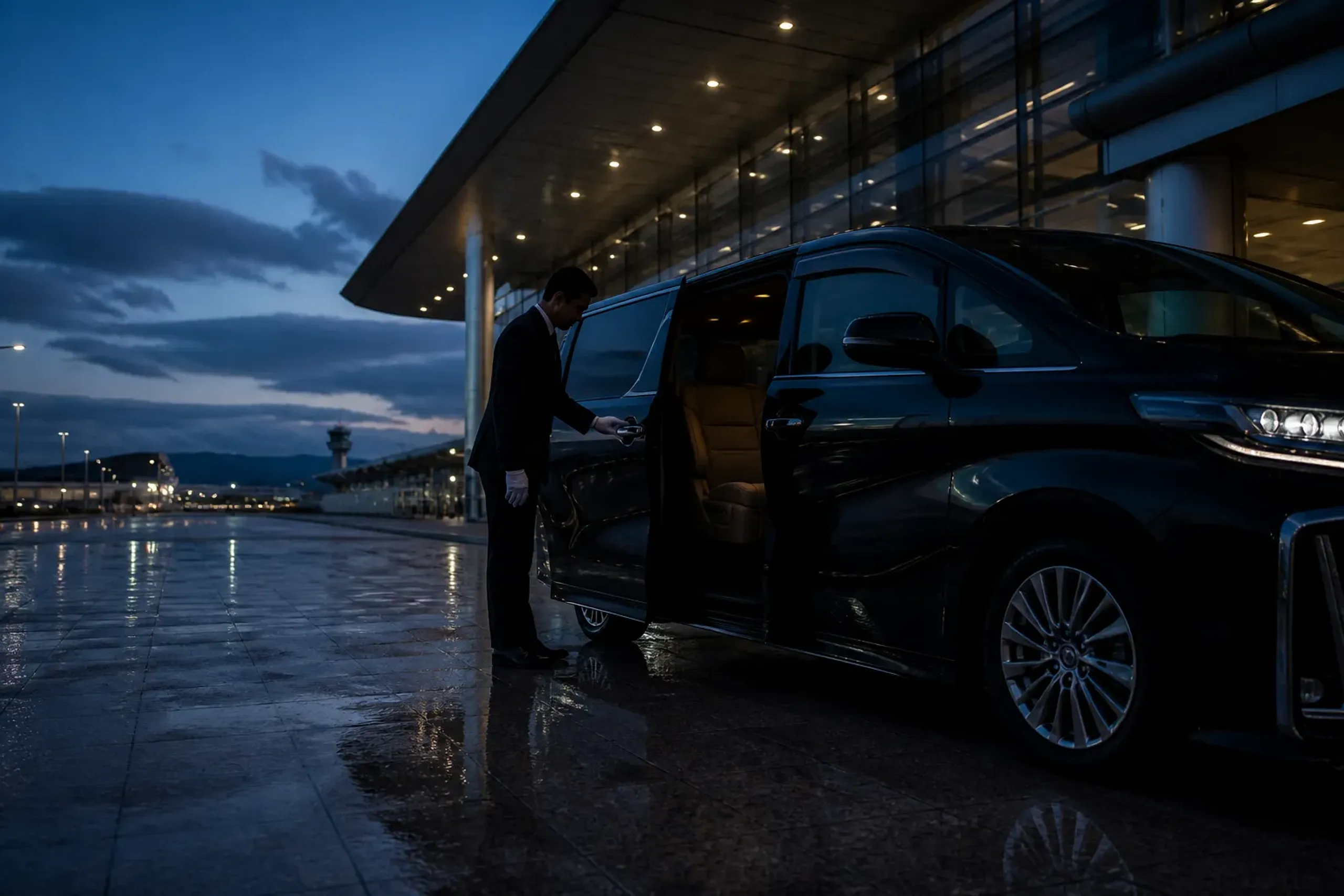 Private chauffeured vehicle staged at a Tokyo airport terminal curb at dusk