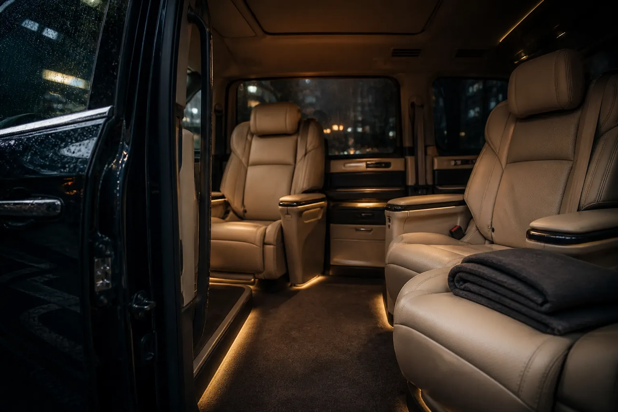 Interior of a flagship luxury chauffeured minivan with cream leather seats and privacy tinting