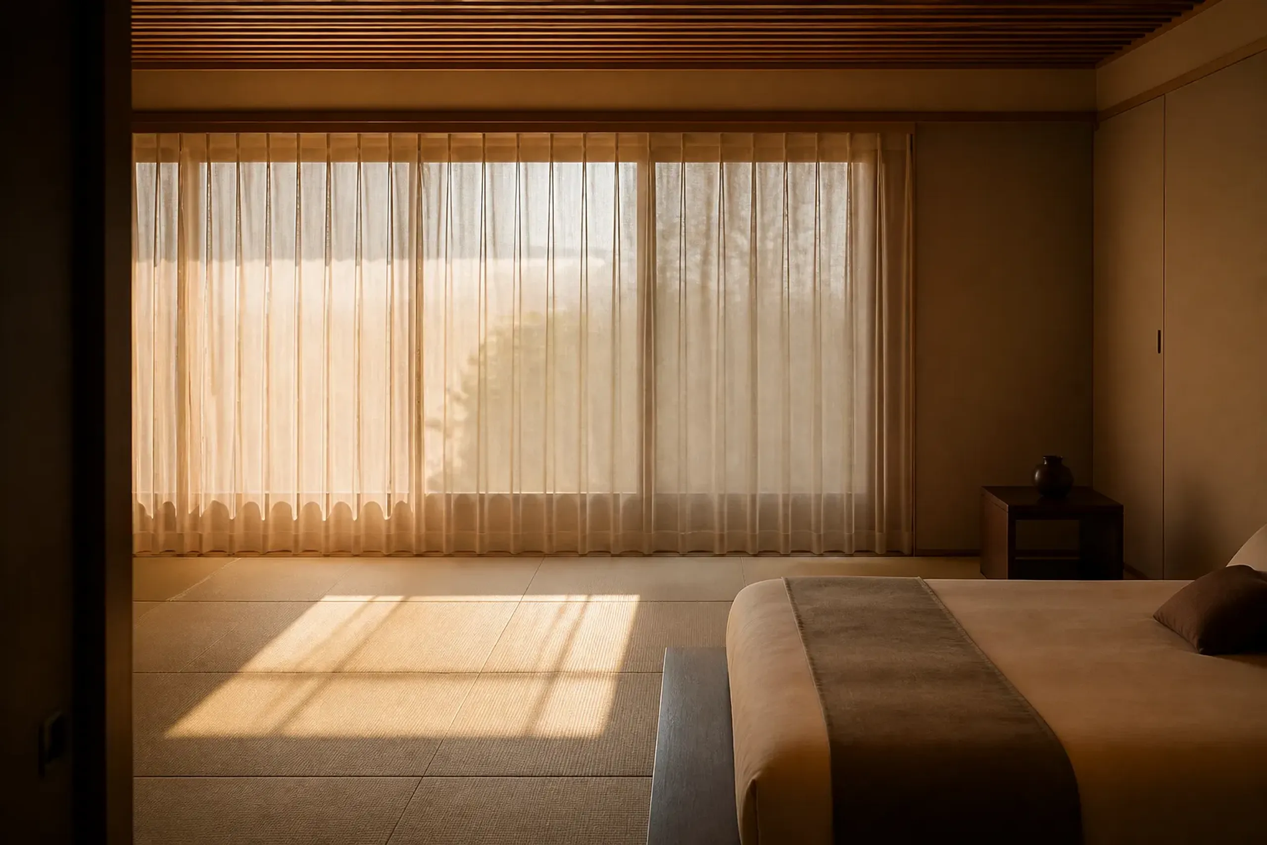 Minimalist luxury Tokyo hotel suite with sheer curtains at golden hour
