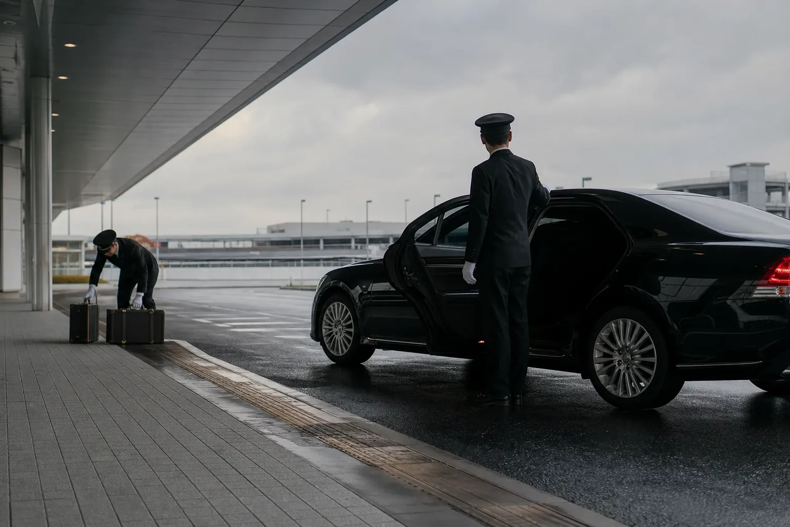 A gleaming black chauffeured luxury sedan staged curbside at a quiet Haneda Airport terminal door, rear passenger door held open, a uniformed porter positioning matching luggage beside it in soft even