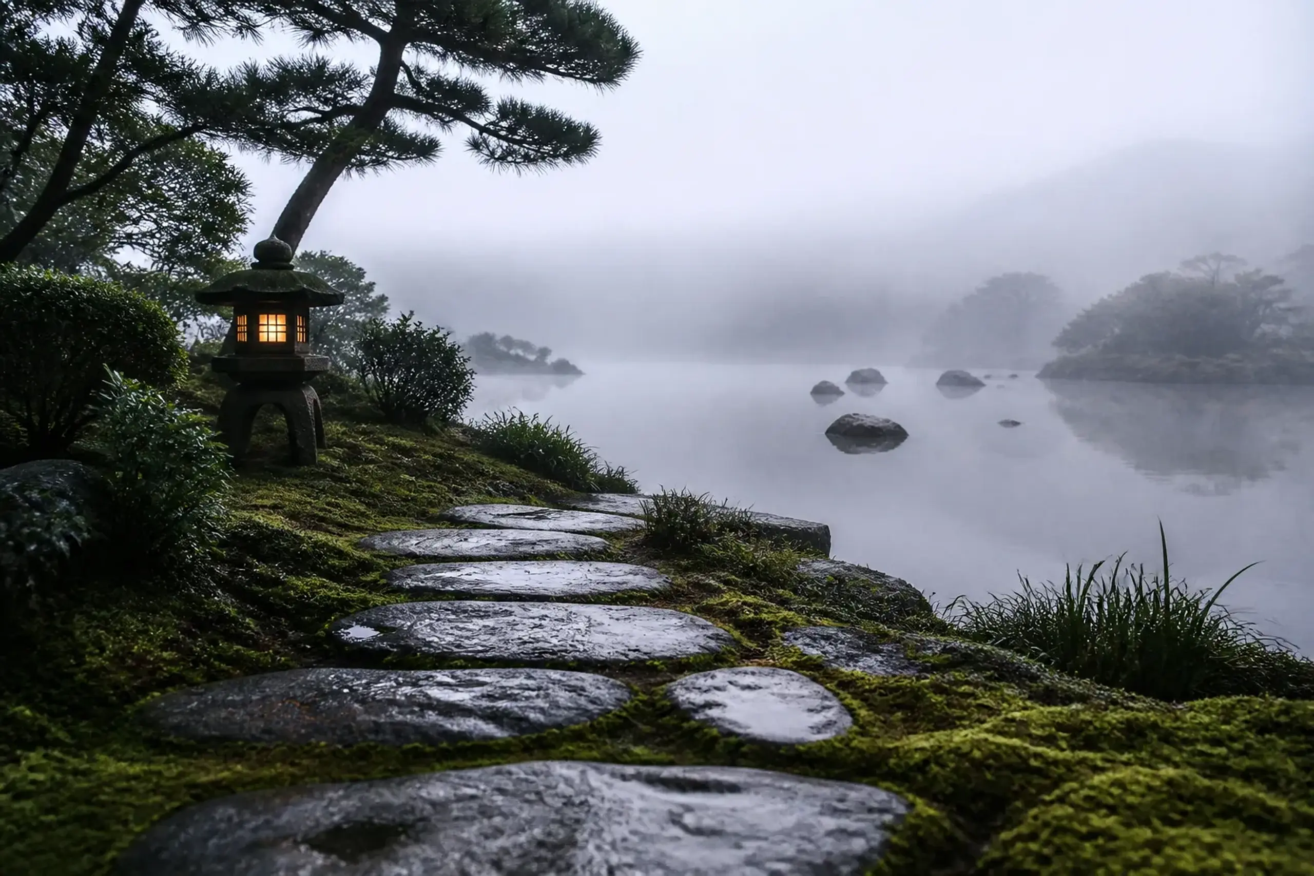 Quiet classical Japanese garden in early morning mist near central Tokyo