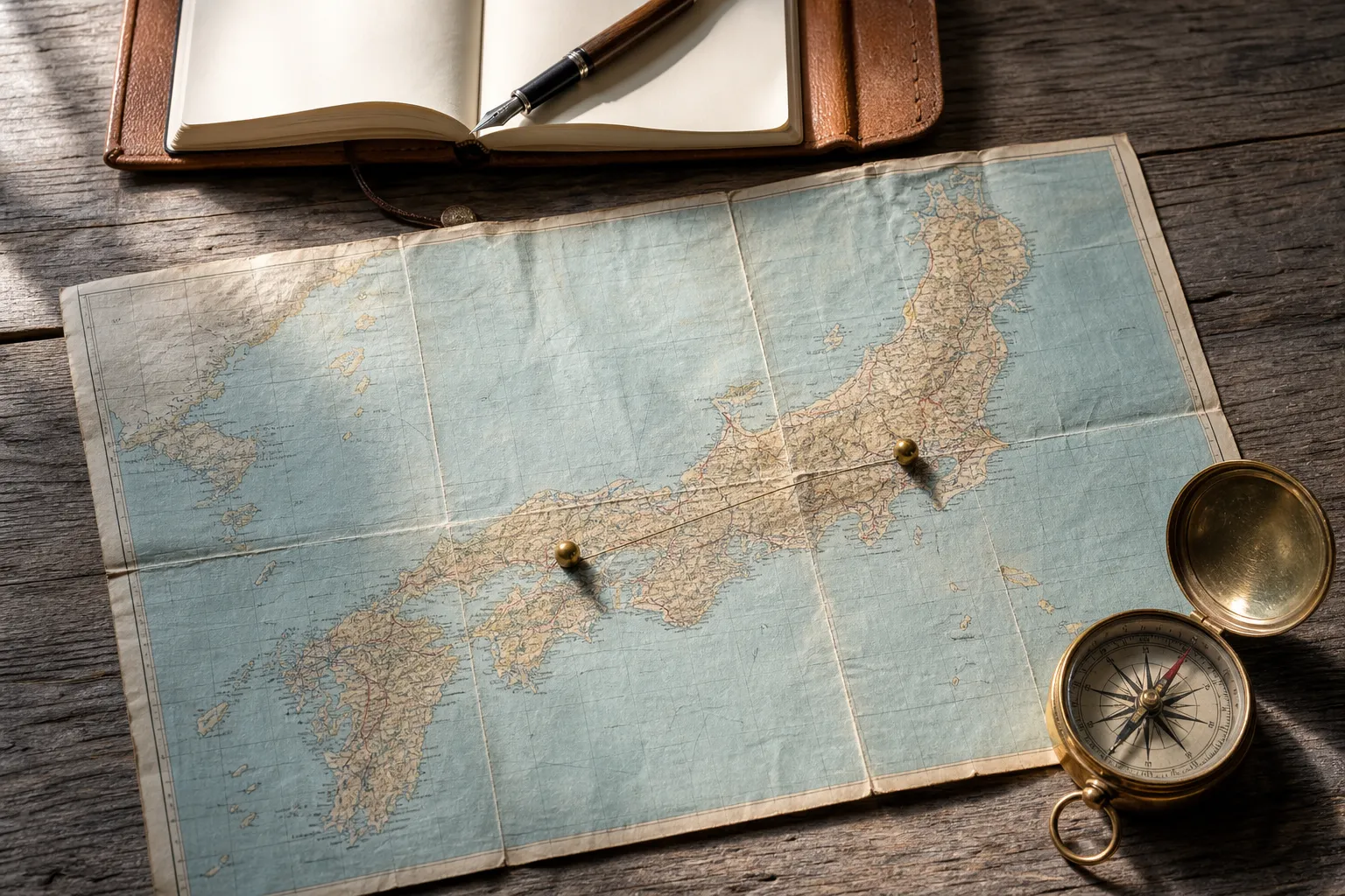 A vintage map of Japan marking a route from Tokyo to Osaka with pins, a compass and a leather travel journal