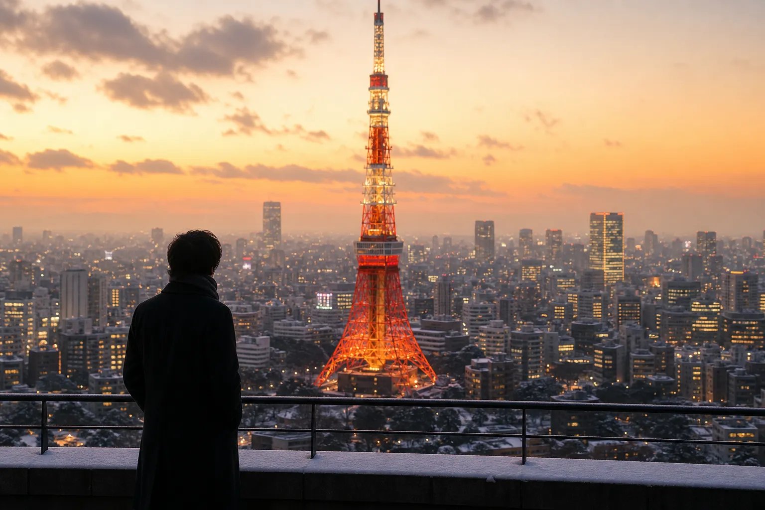 A figure gazing at the illuminated Tokyo Tower above the city skyline at dusk