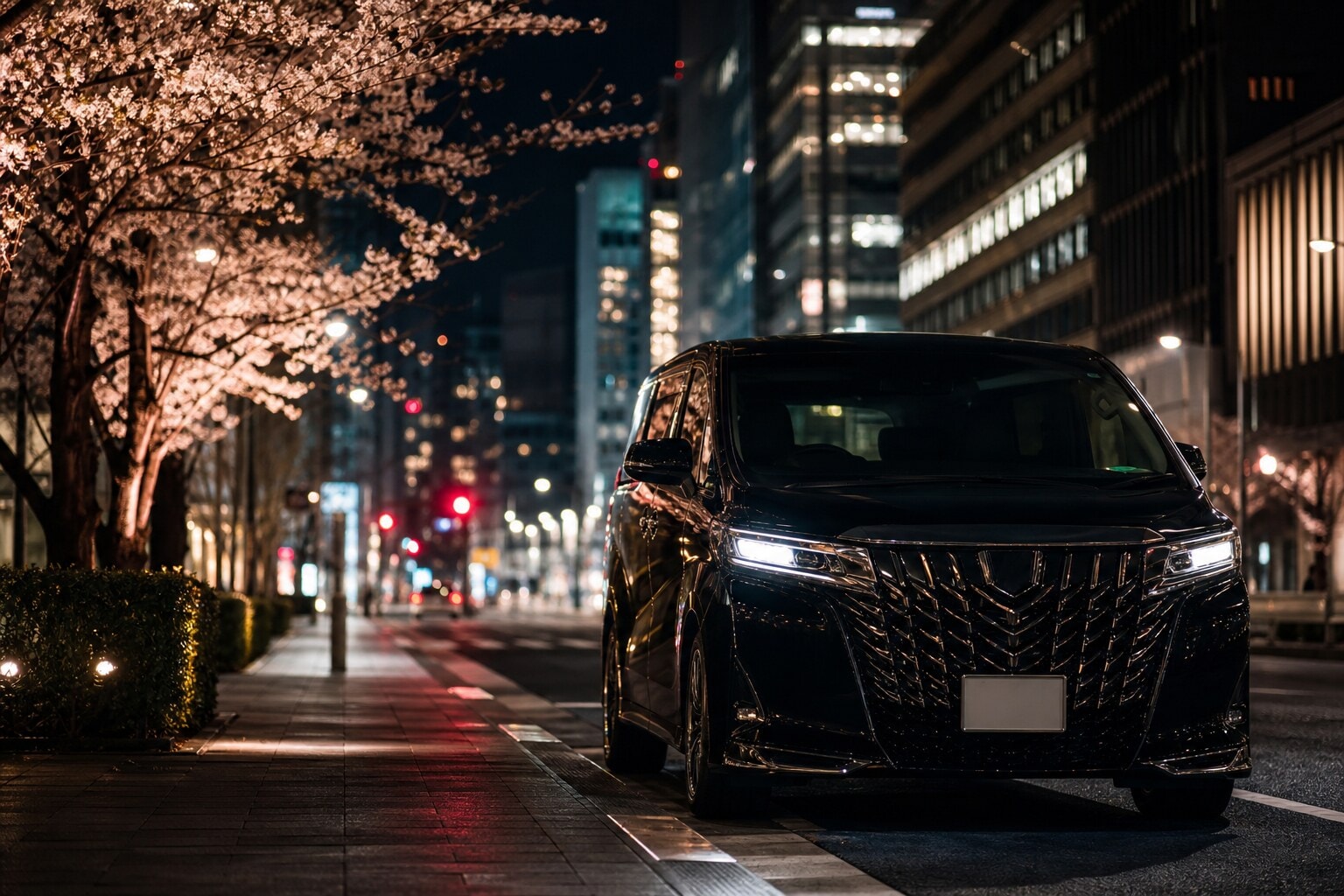 Luxury private transfer waiting on a Tokyo street at night