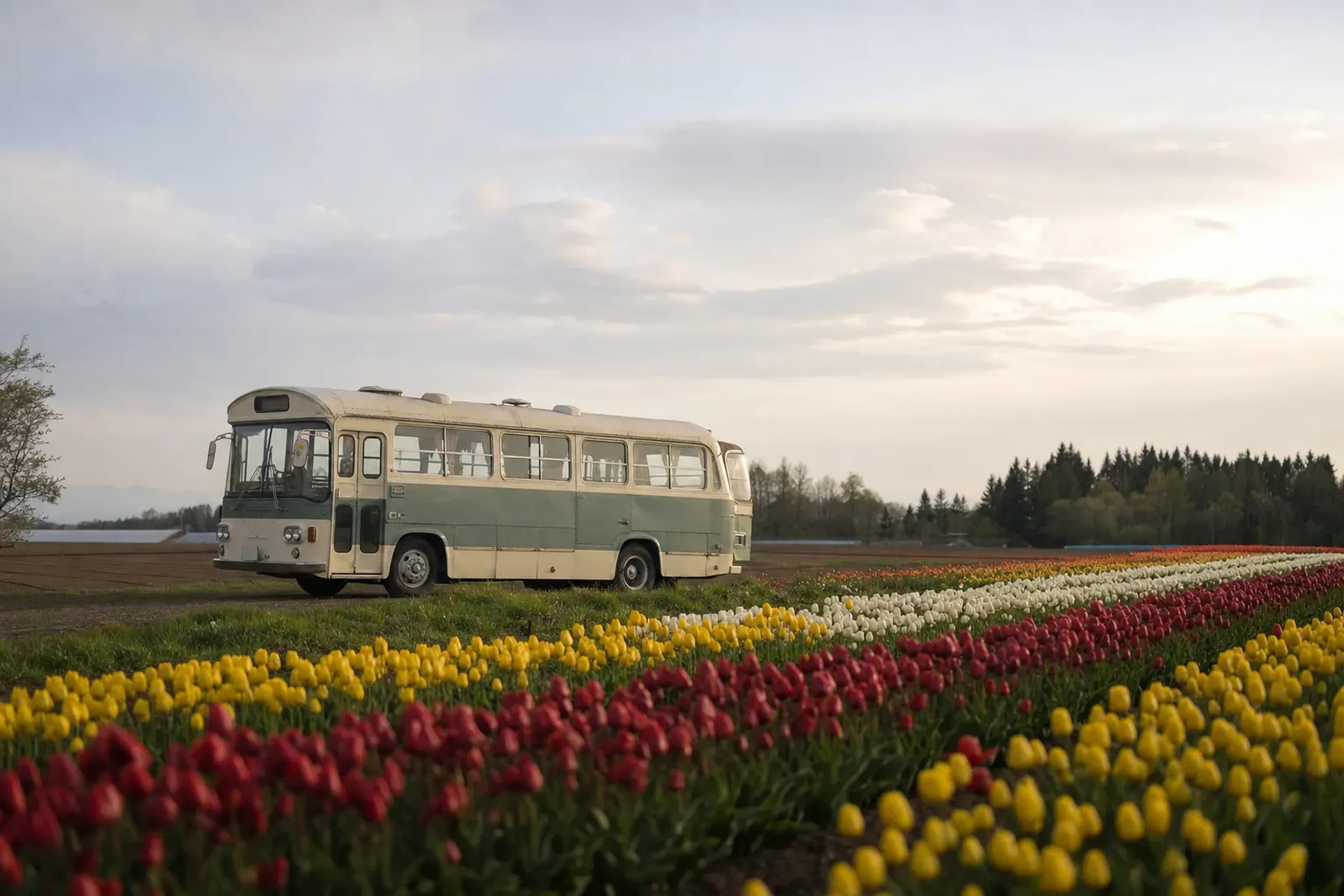The Chūrippu Fāmu-gō Tulip Farm Bus parked beside commercial tulip cultivation fields outside the display park