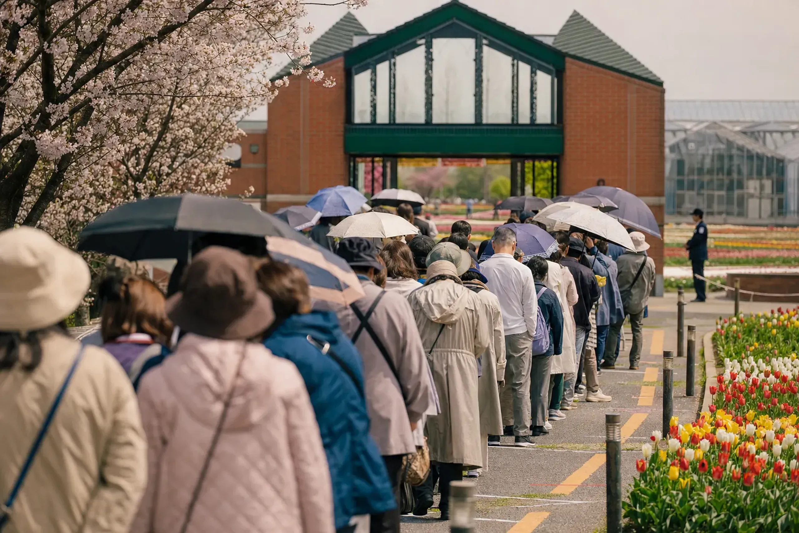 A long queue of visitors waiting at the entrance gate of Tonami Tulip Park on a peak fair day