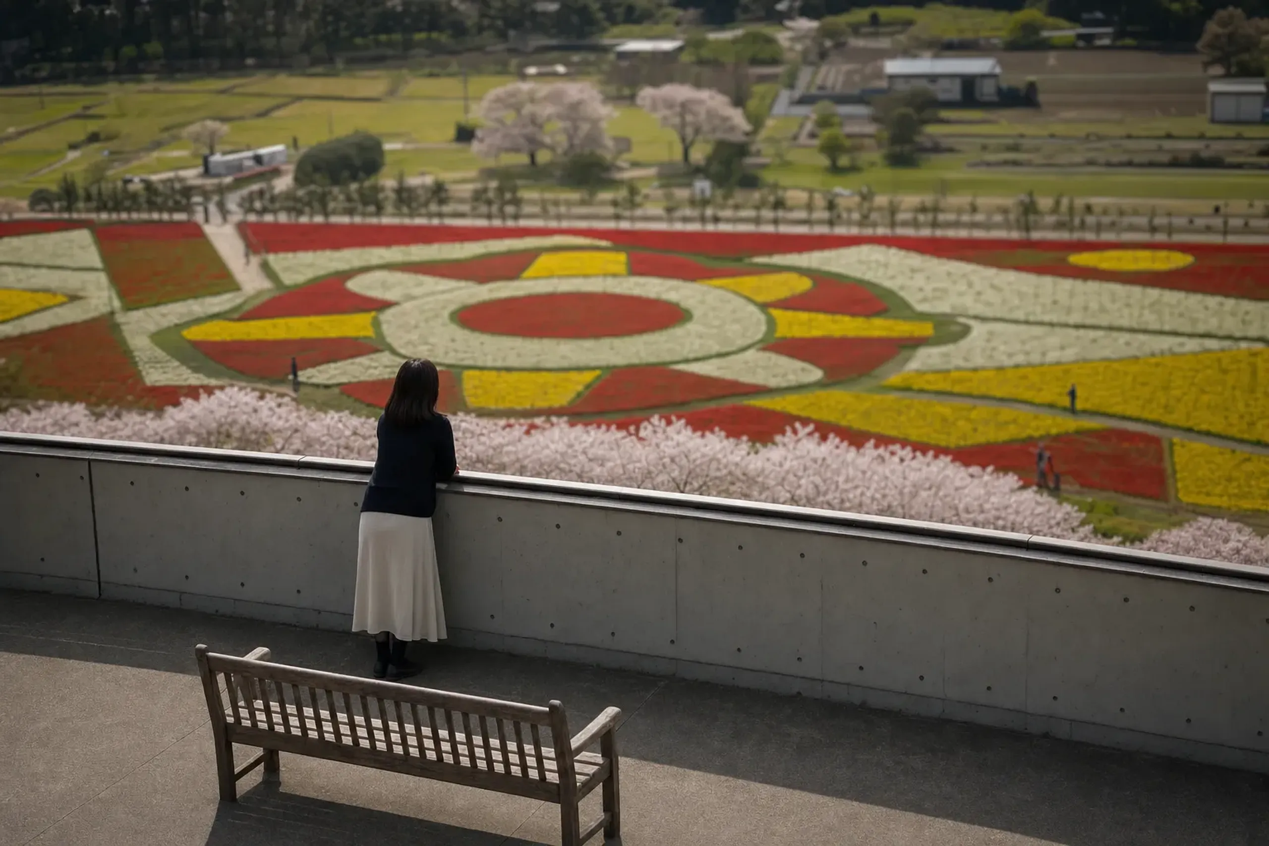 The quiet Culture Hall rooftop terrace overlooking the ground-painting tulip bed from a calm, elevated angle