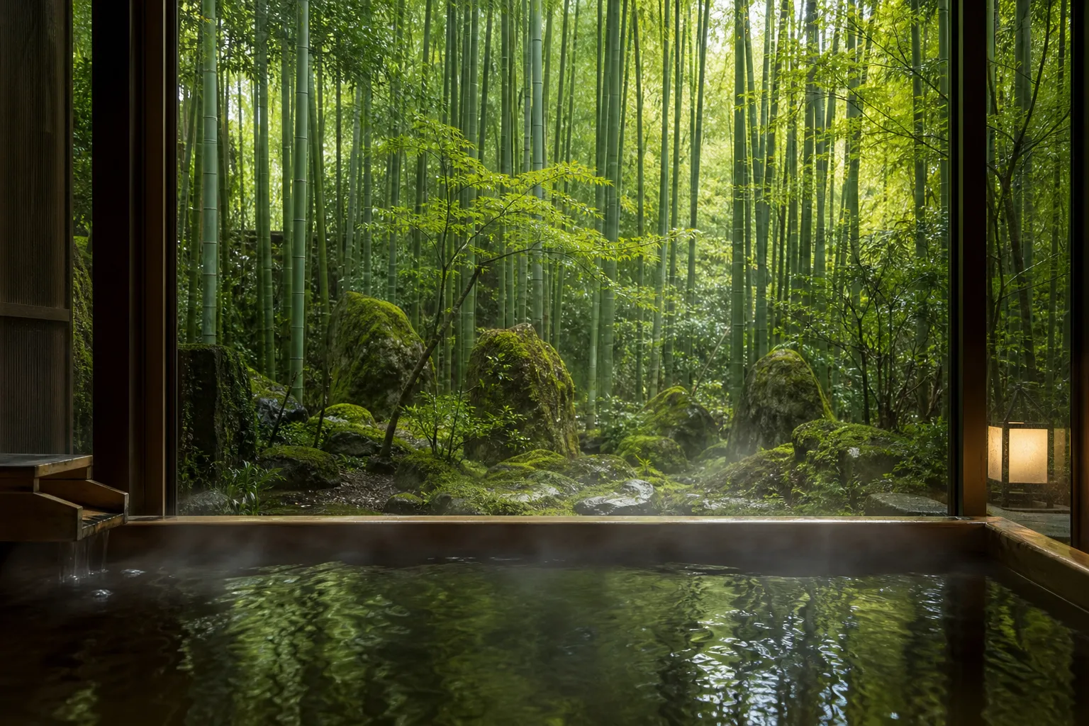 A first-person view of a steaming indoor wooden bath overlooking the lush green bamboo stalks of Arashiyama through a large, clear floor-to-ceiling window during a peaceful morning.