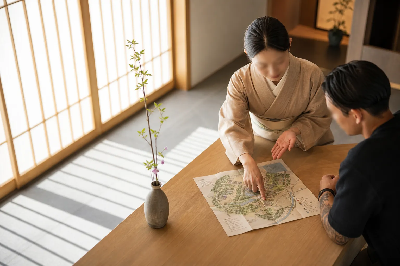 A professional hotel concierge in a kimono assisting a traveler with visible tattoos, pointing to a map in a sunlit, modern luxury lobby.