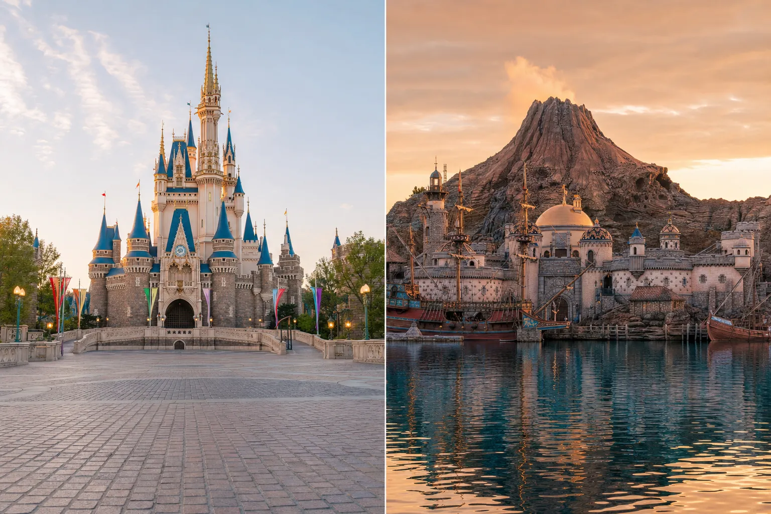 Tokyo Disneyland castle and Tokyo DisneySea harbor comparison view