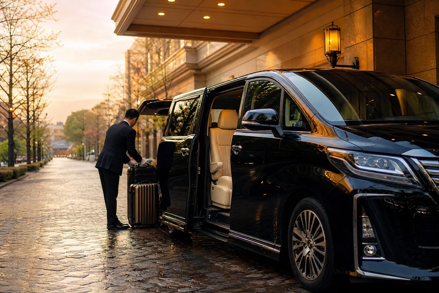 Luxury minivan ready for early morning transfer with luggage and discreet driver