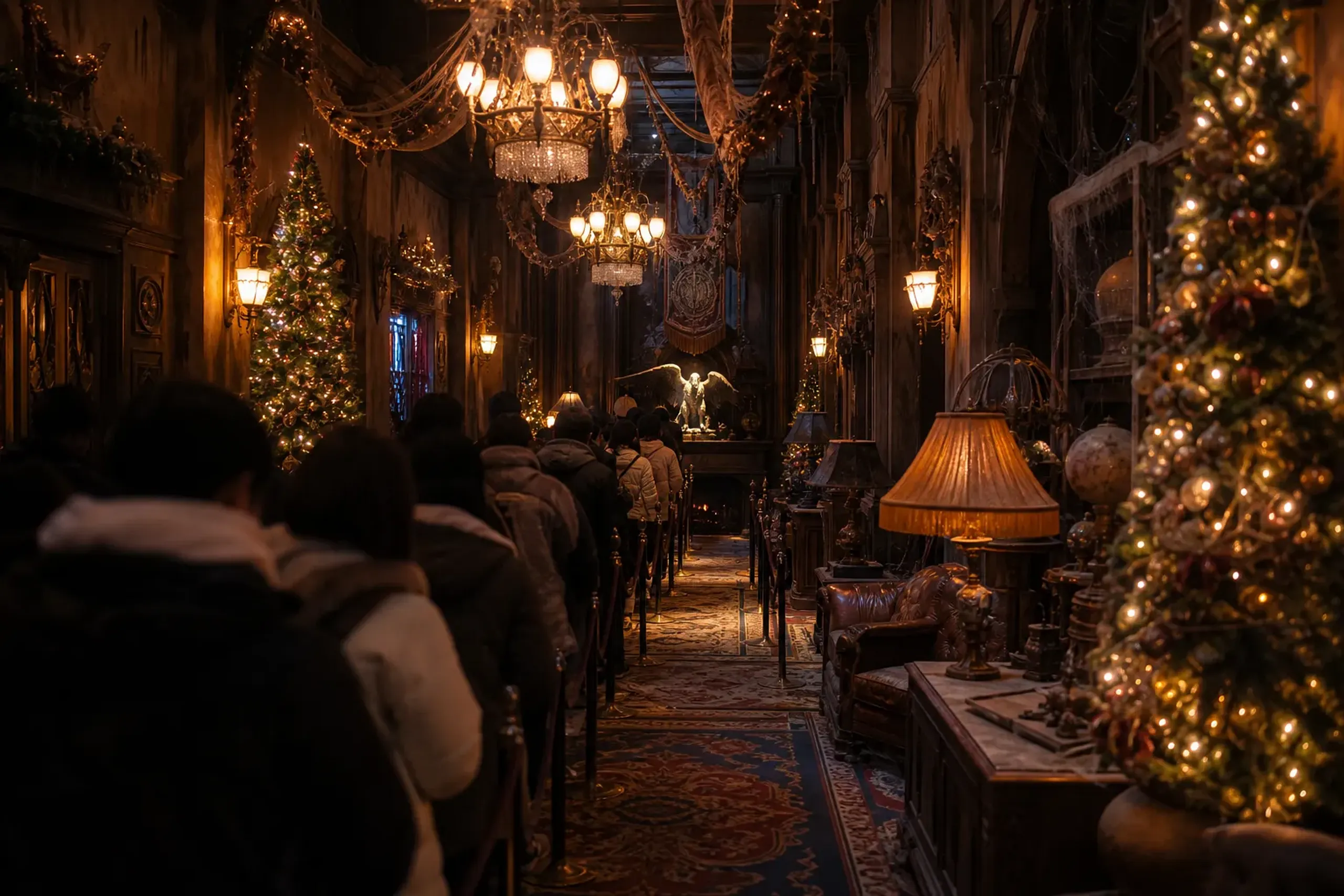 Moody indoor queue interior for Tower of Terror at Tokyo DisneySea with warm lamps and vintage hotel decor