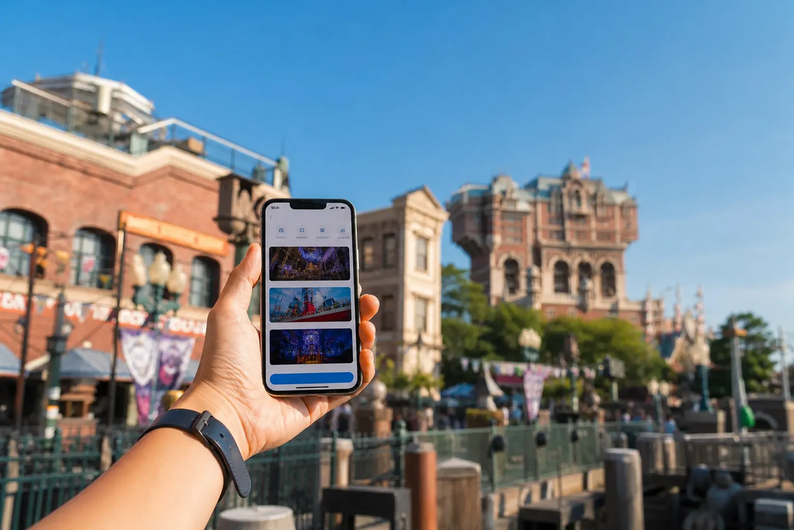 Hand holding a phone with the Tokyo Disney Resort App open, planning return times at Tokyo DisneySea