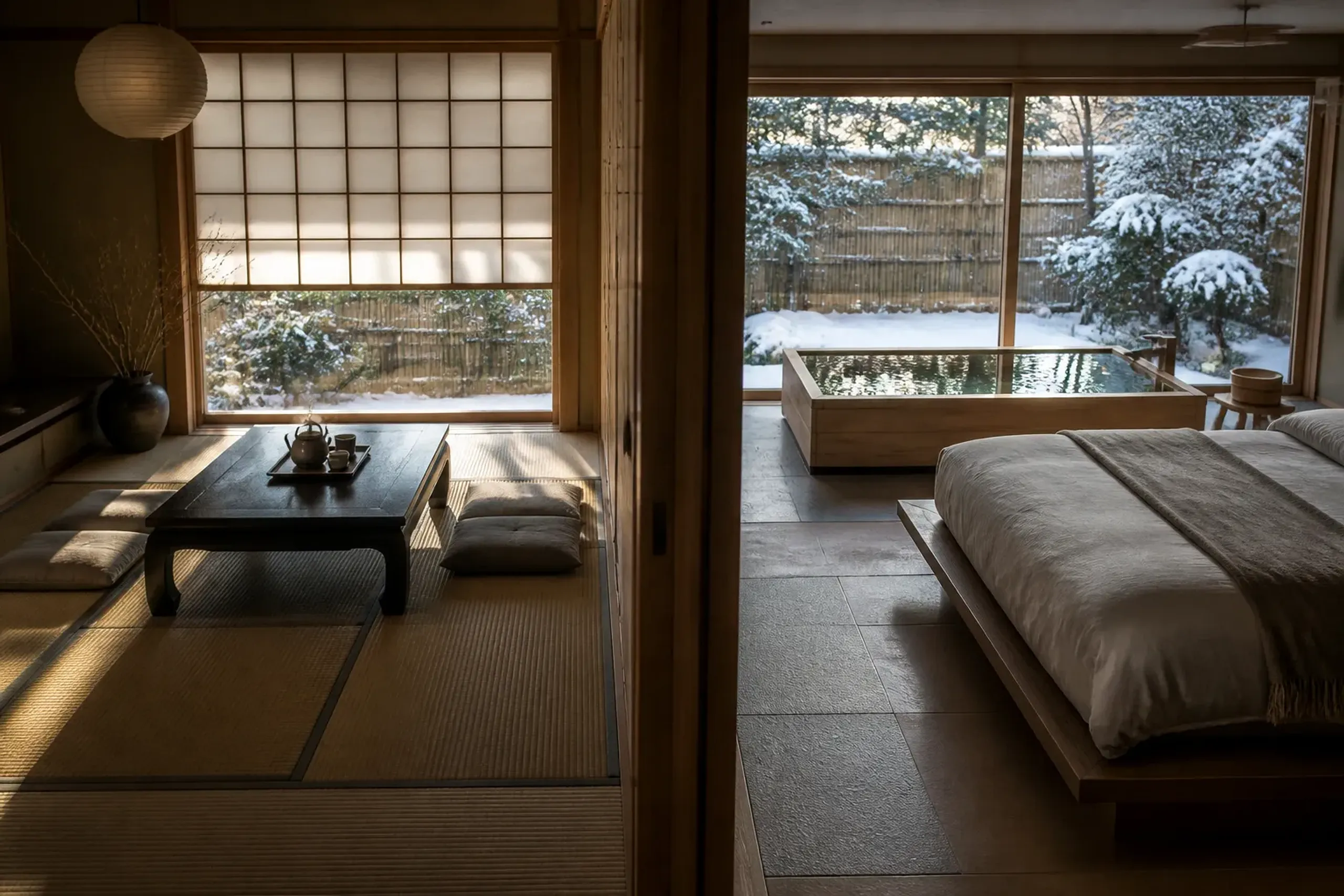 Traditional tatami ryokan room with low table next to a modern ryokan room with a bed and private bath
