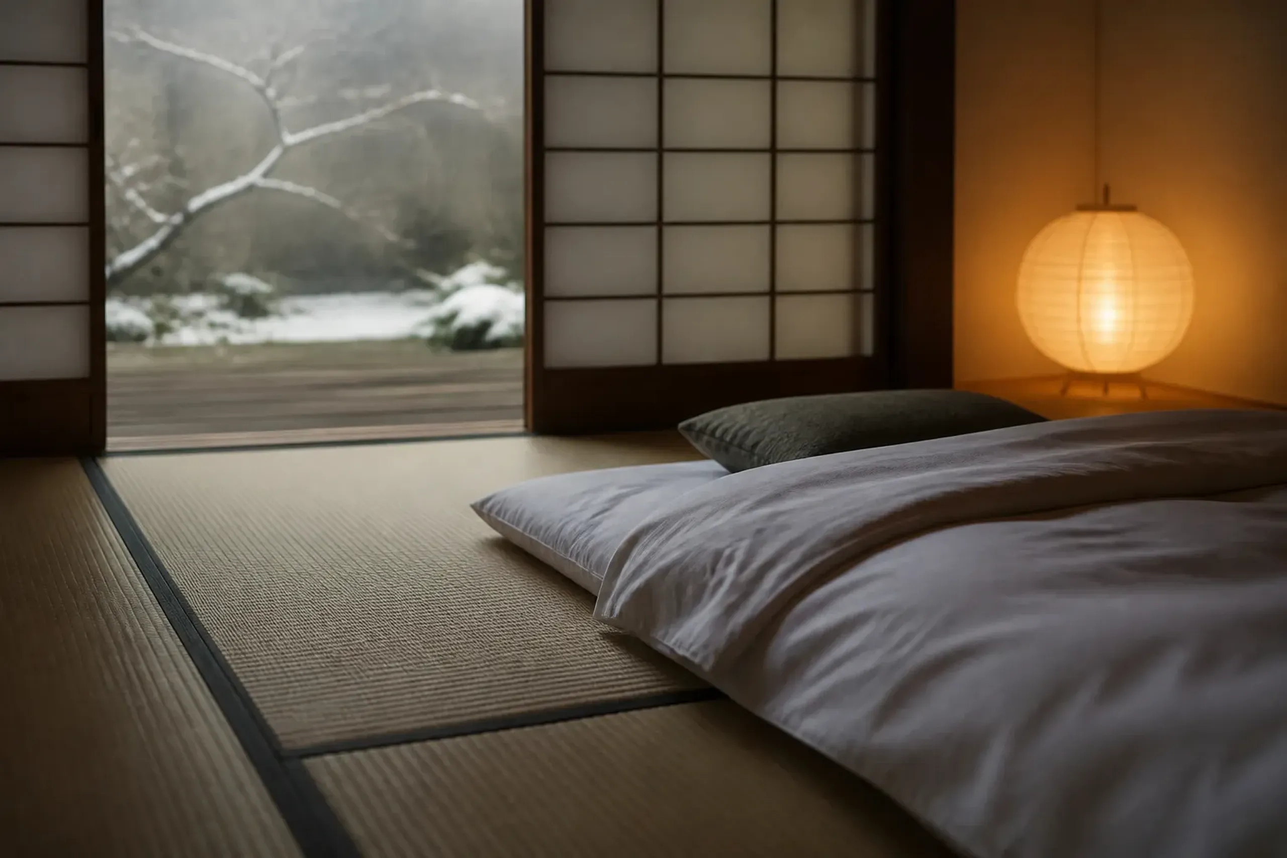 A traditional futon with white bedding laid out on tatami flooring in a dimly lit ryokan room