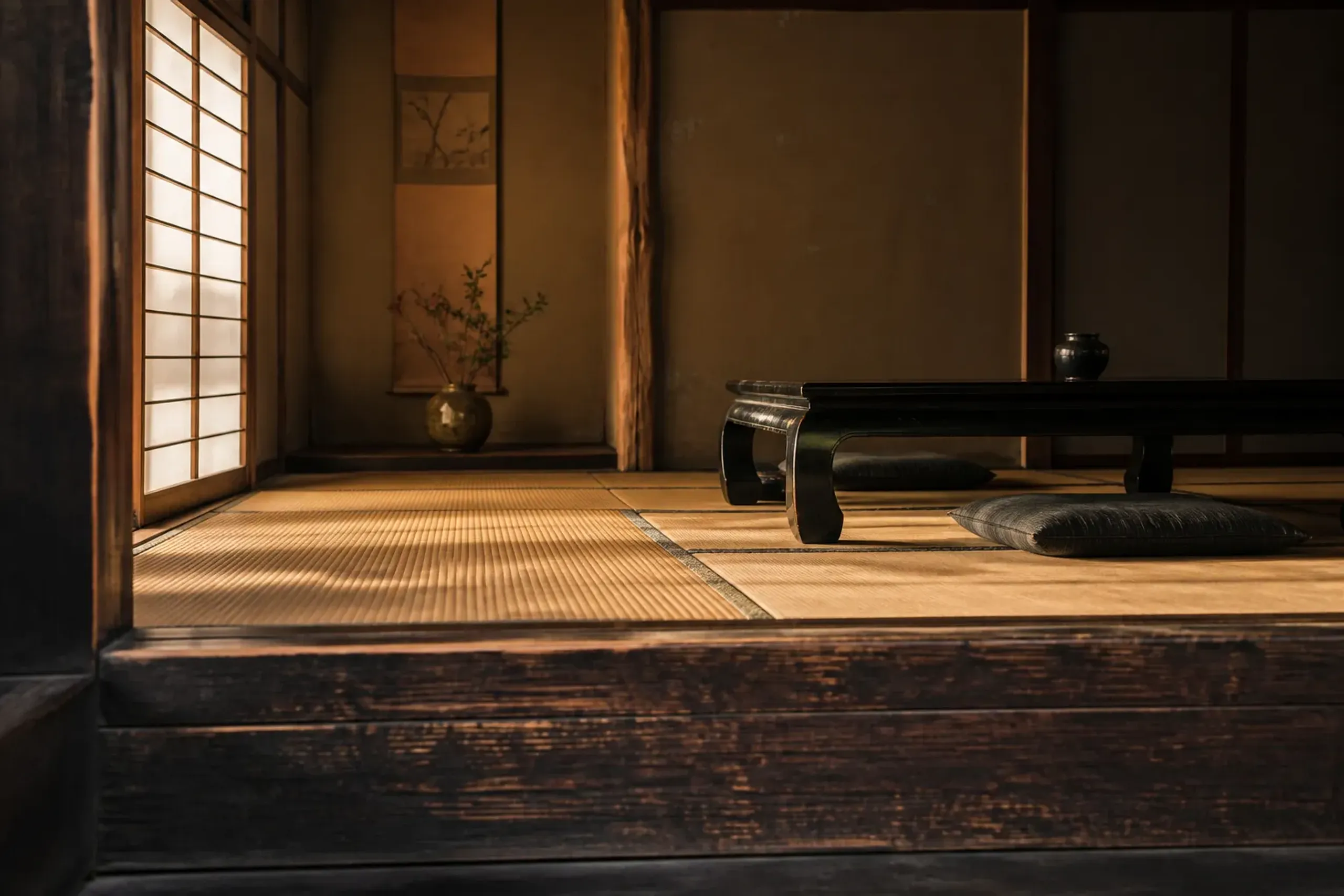 a traditional tatami room set with a low lacquered dining table and floor cushions, with a shallow step separating two floor levels in a centuries-old wooden ryokan