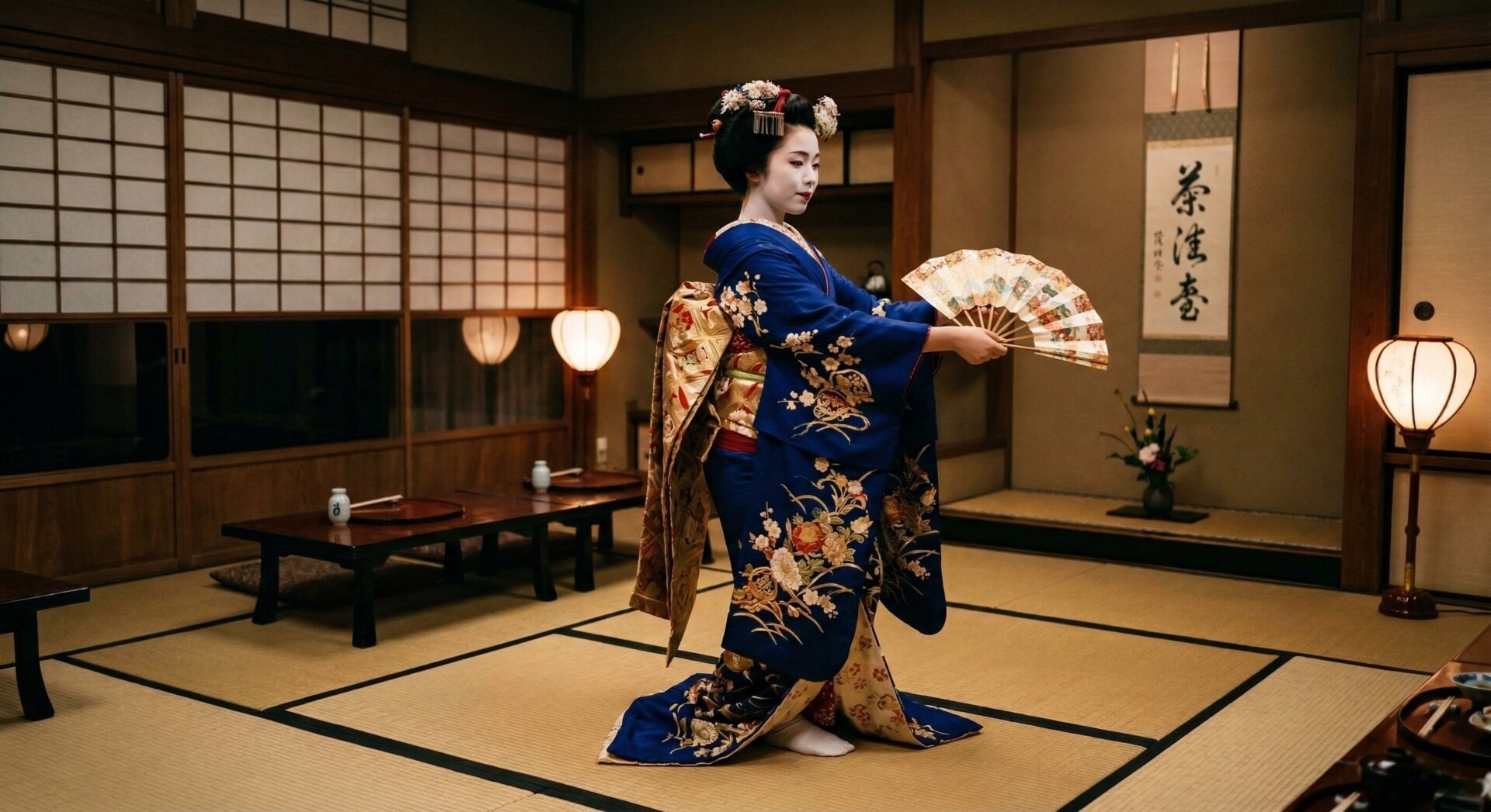 An elegant geisha performing a traditional dance in a private tatami room during a formal dinner.
