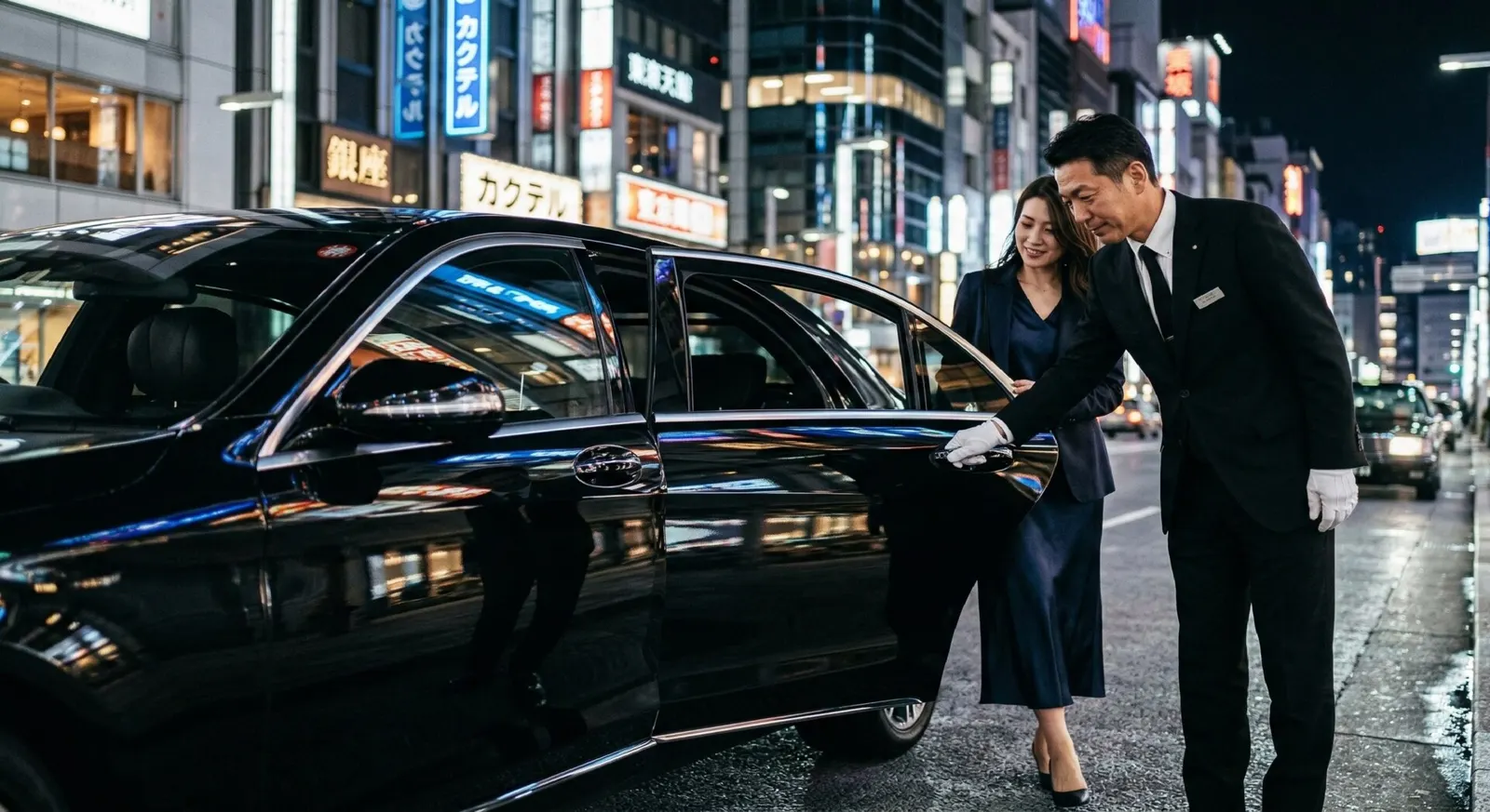 A professional chauffeur opening the door of a luxury black sedan for a guest in Tokyo.