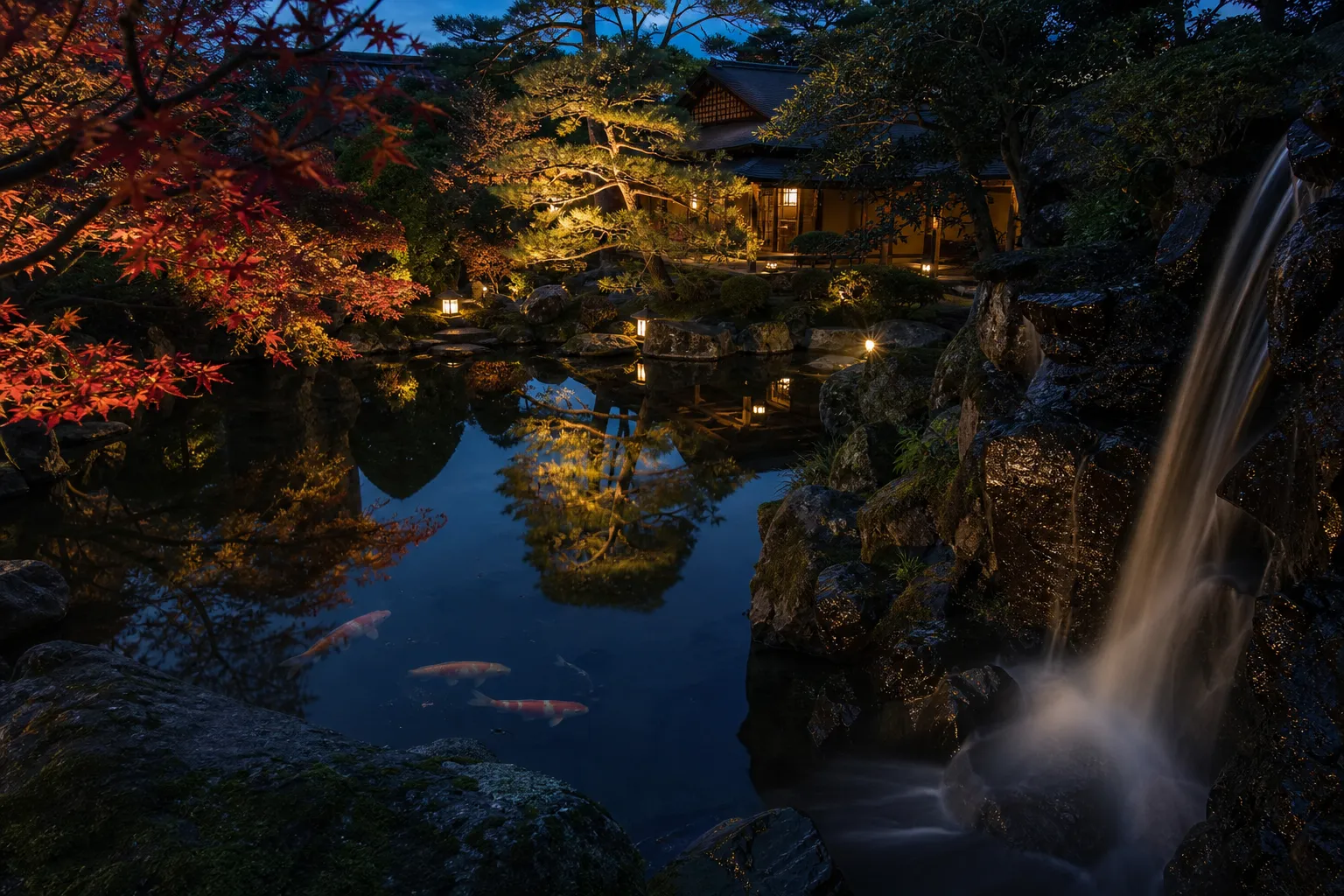 A traditional Japanese garden illuminated at night, featuring a large koi pond and a cascading waterfall.