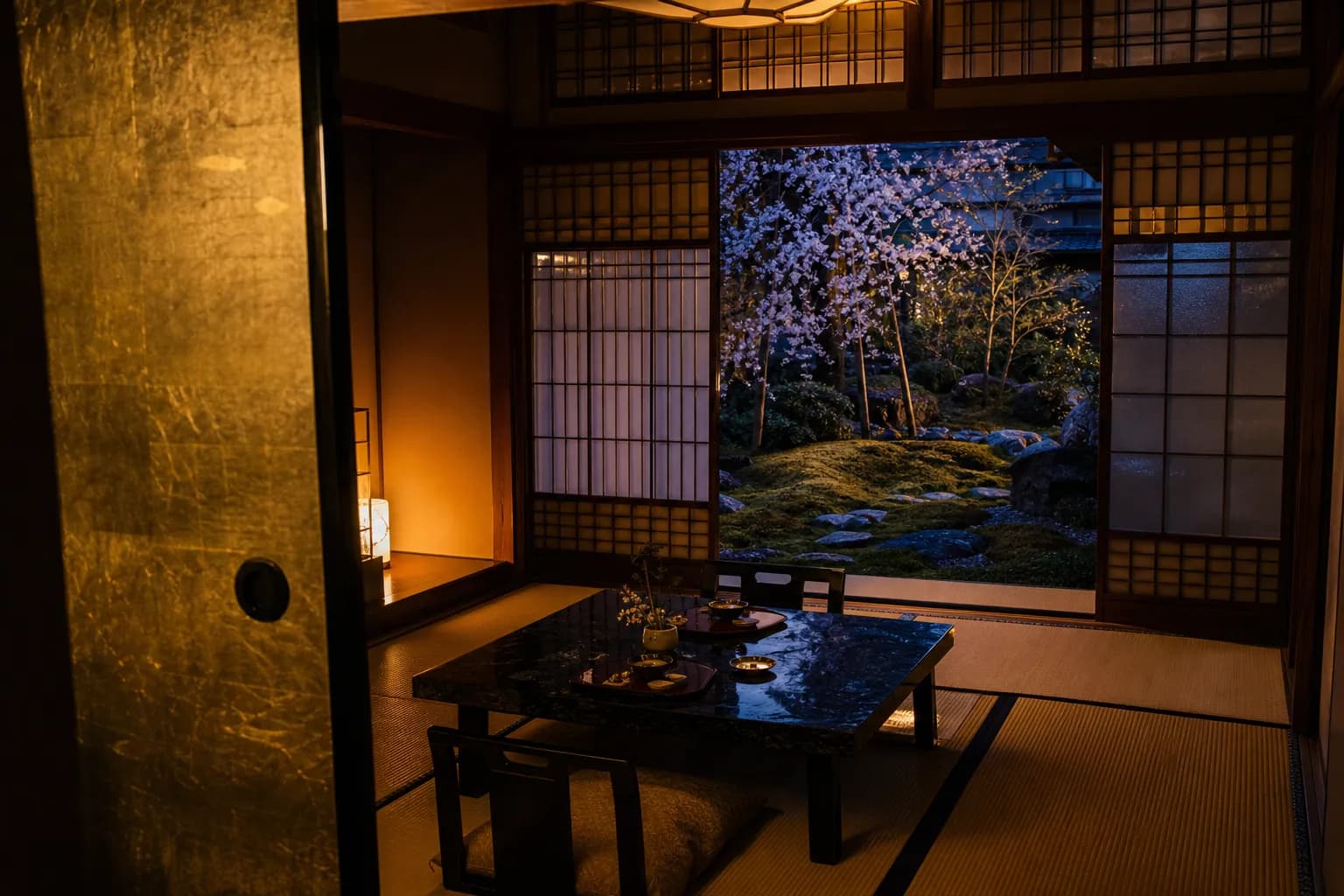 A luxurious, private tatami dining room with golden sliding doors and a view of a Japanese garden.