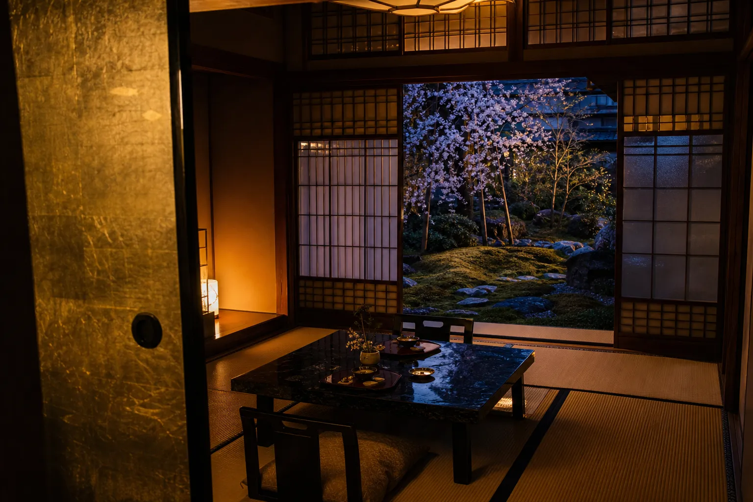 A luxurious, private tatami dining room with golden sliding doors and a view of a Japanese garden.