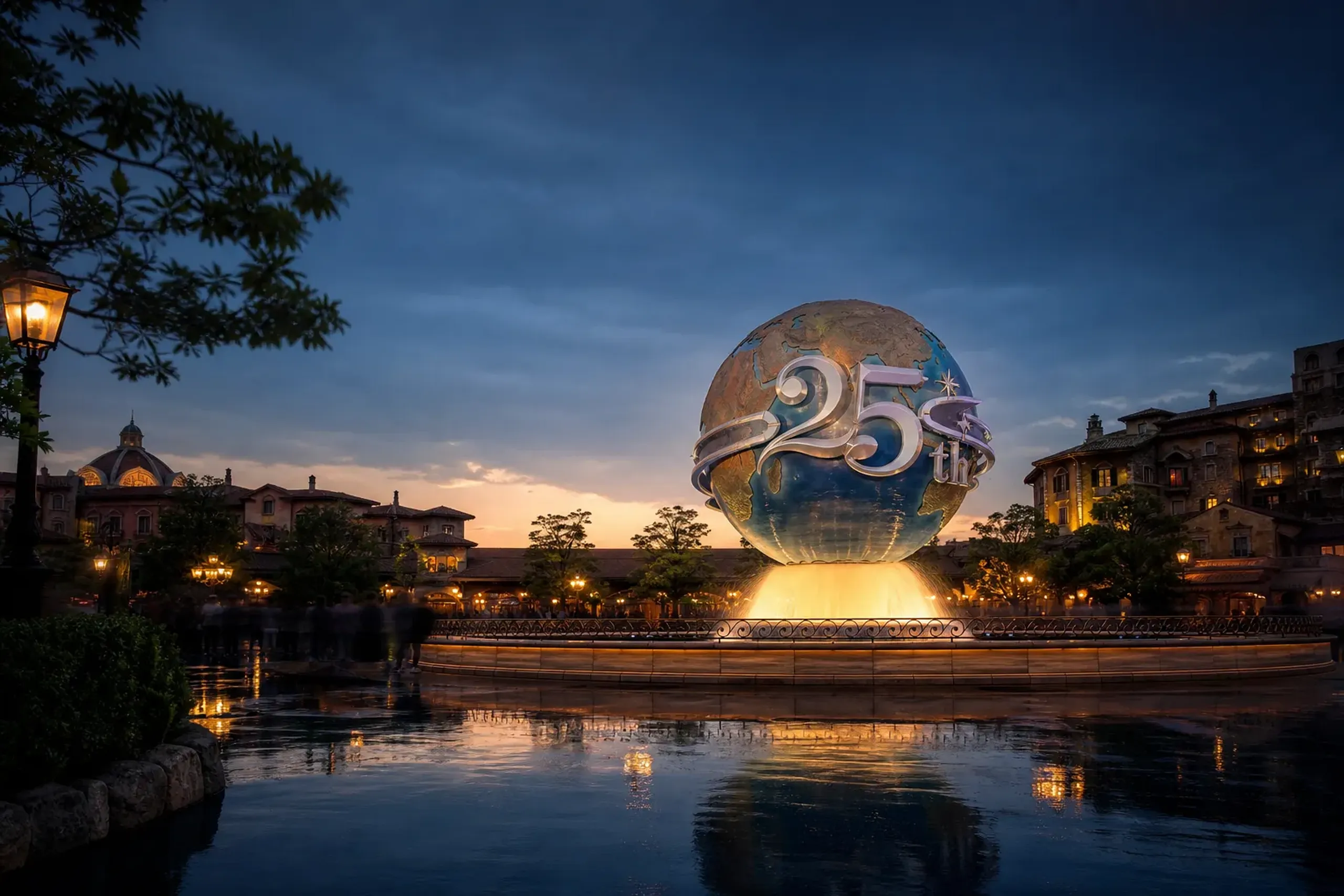 Universal Studios Japan entrance globe at dusk during the 25th anniversary celebration