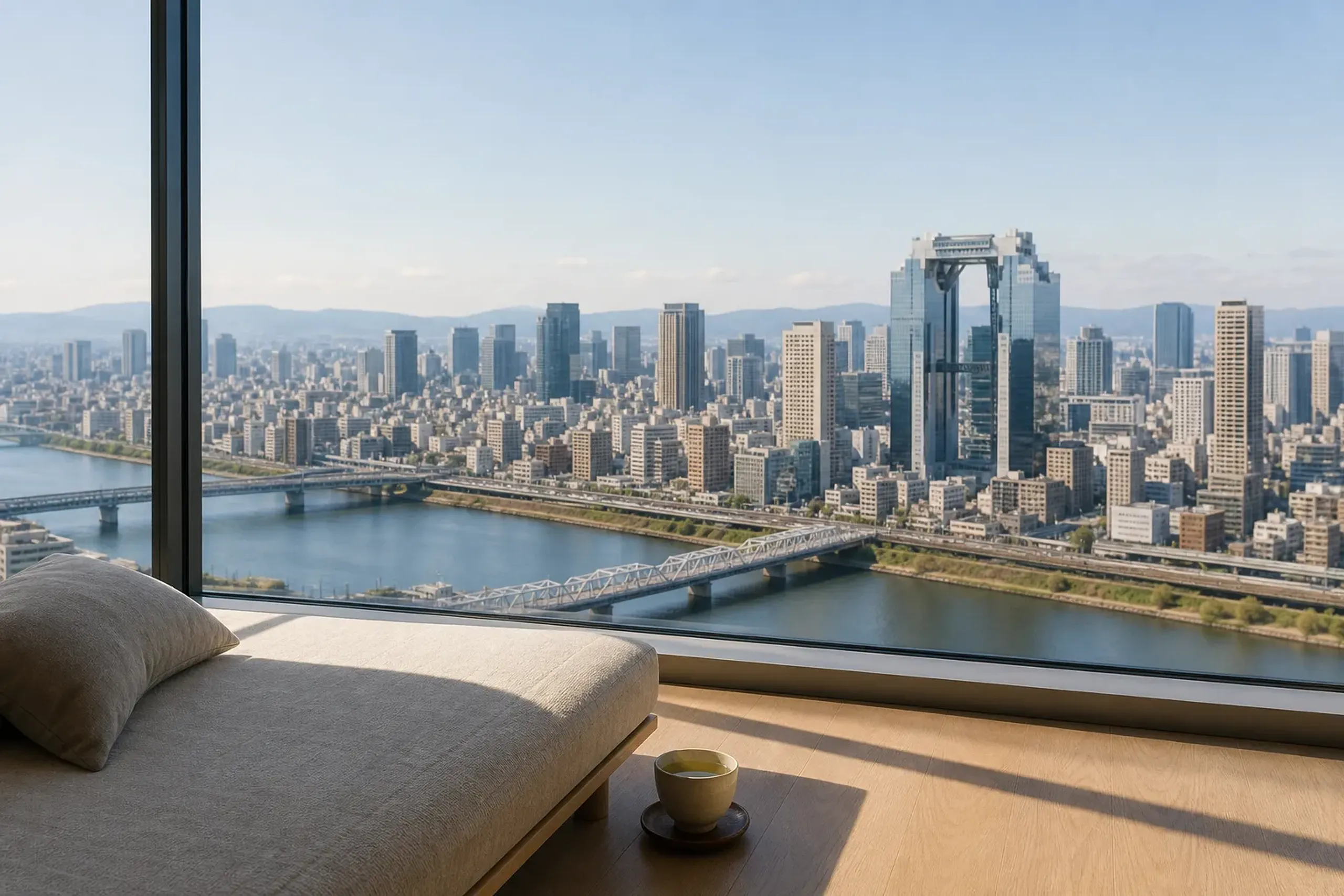 High-floor Osaka hotel suite with skyline view for a midday reset