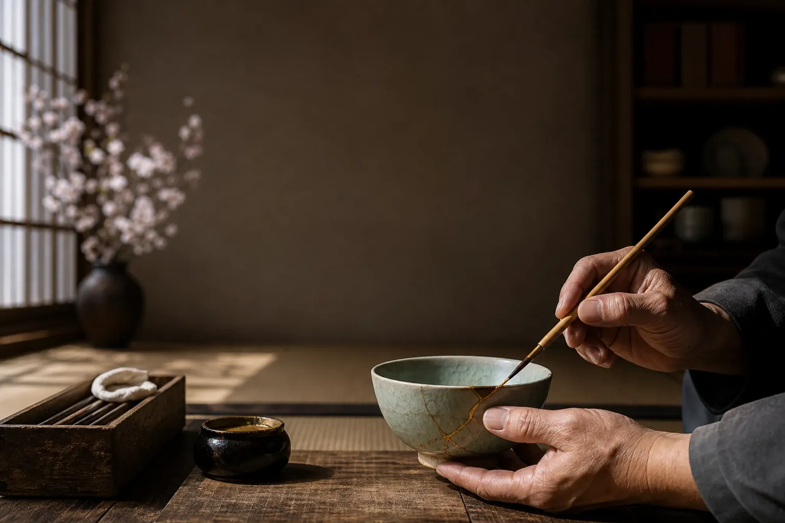 A craft master mending ceramics with kintsugi gold lacquer in a quiet Kyoto atelier