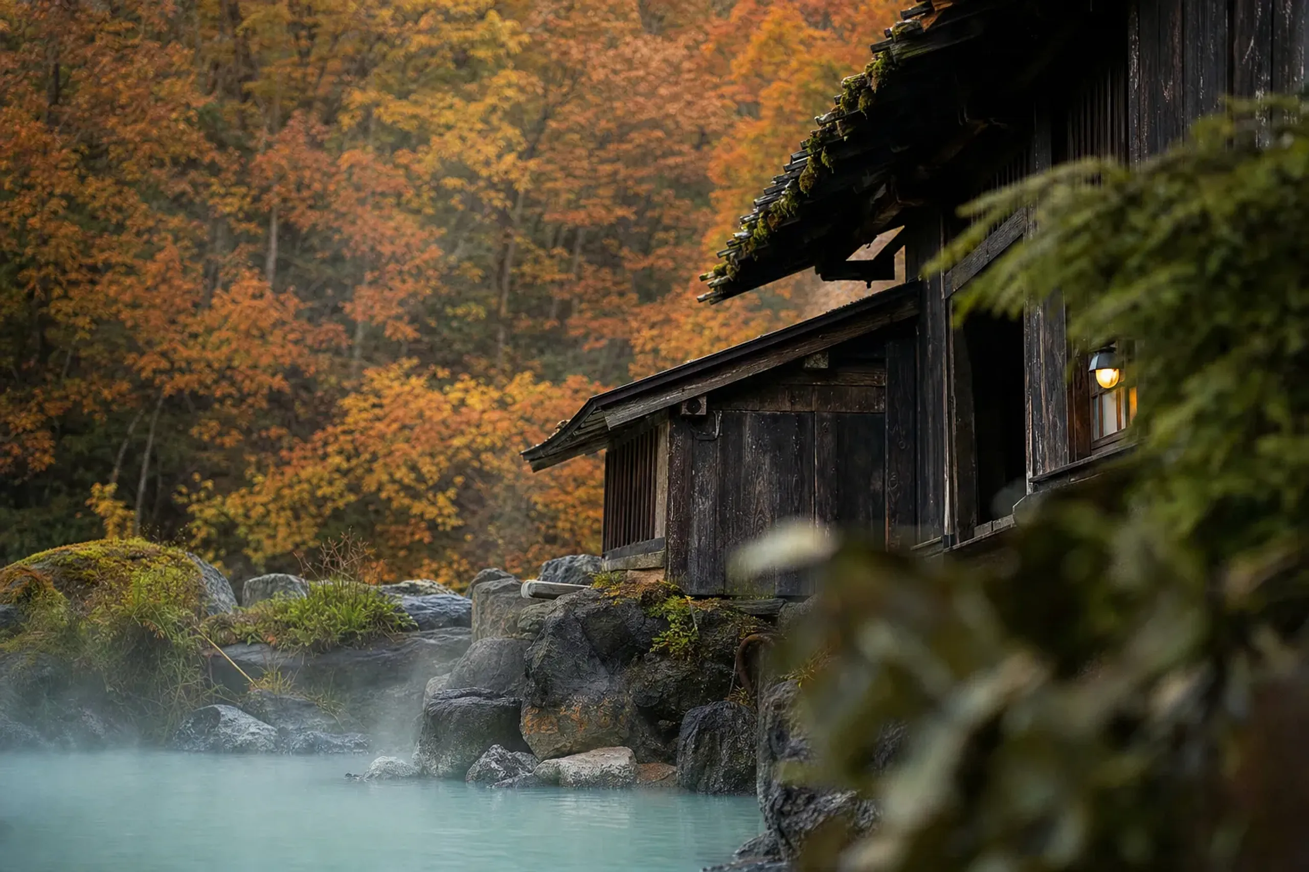 the rustic wooden bathhouses and milky hot-spring pools of Nyuto Onsenkyo in Akita surrounded by autumn forest