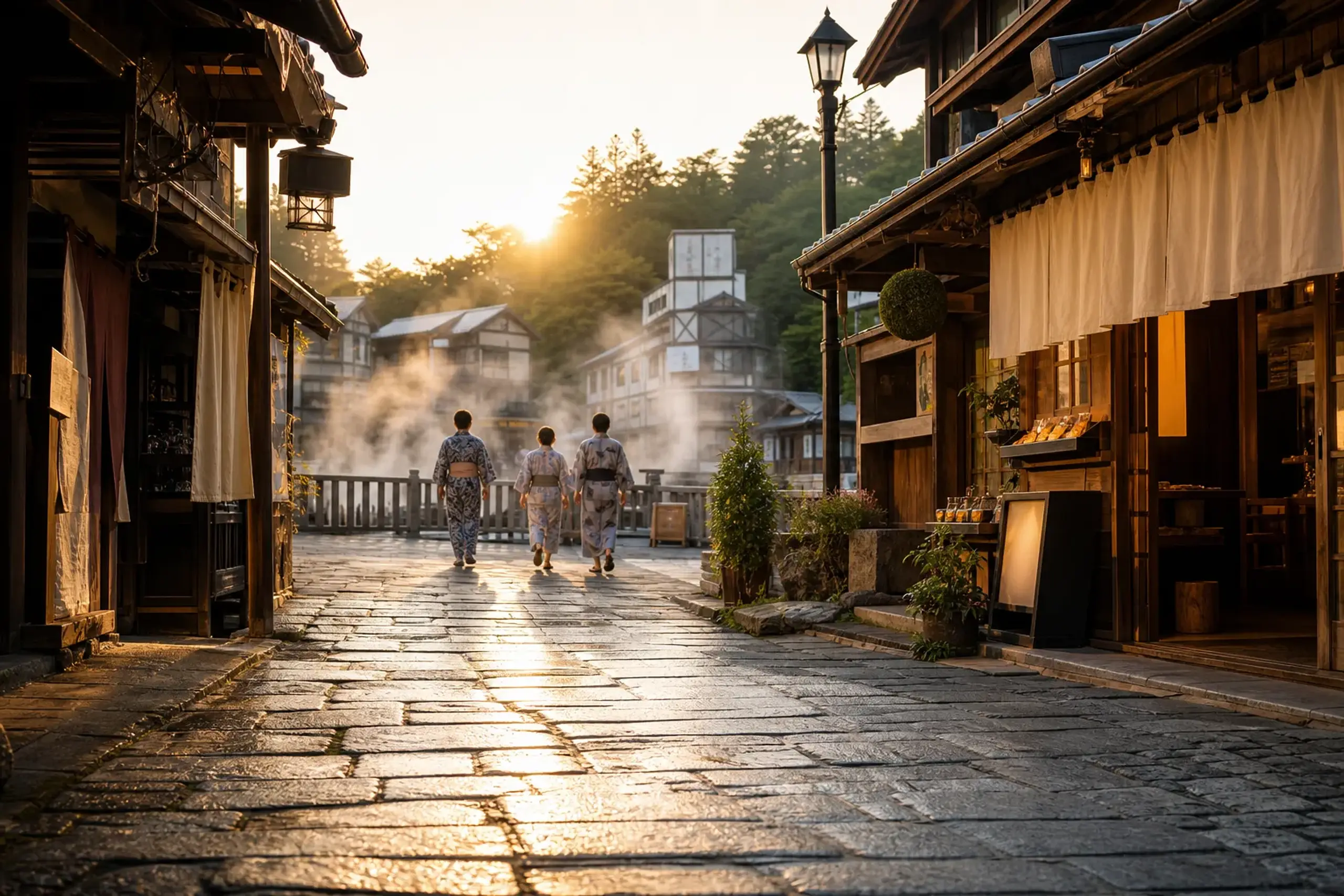 A walkable street in Kusatsu Onsen near the town center with visitors in yukata and small shops