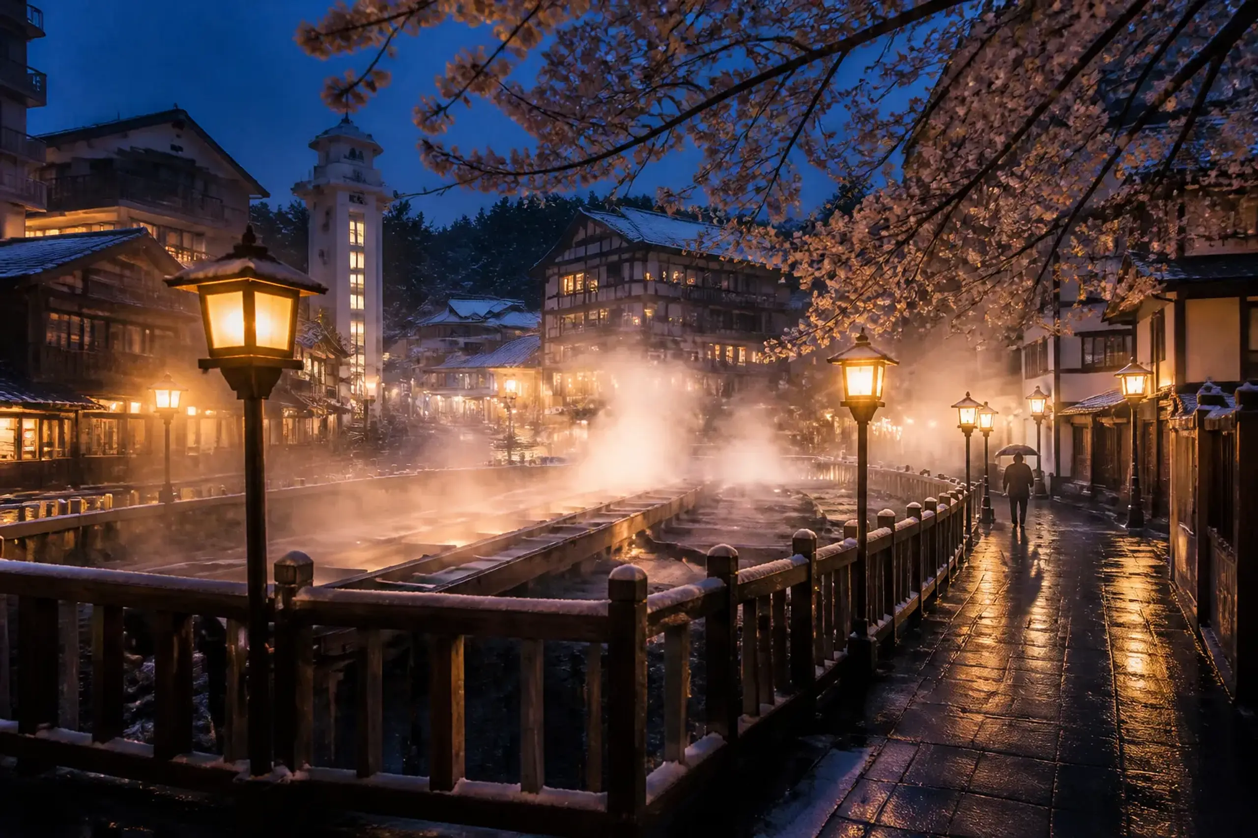 Steam rising near the Yubatake in Kusatsu Onsen on a cold winter evening with warm lights and light snow