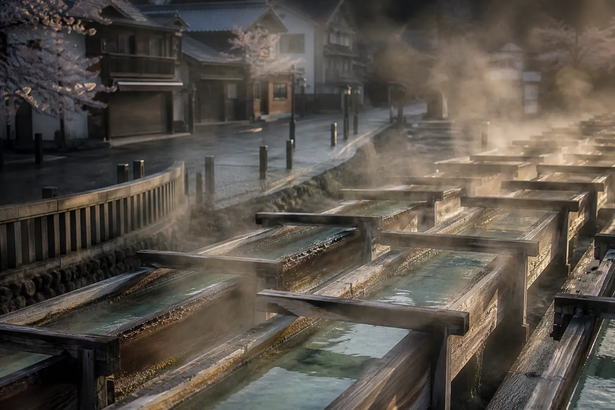 The steaming Yubatake hot water fields at the center of Kusatsu Onsen in early morning light, with wooden channels guiding sulfurous mineral water and quiet cobblestone streets just waking up