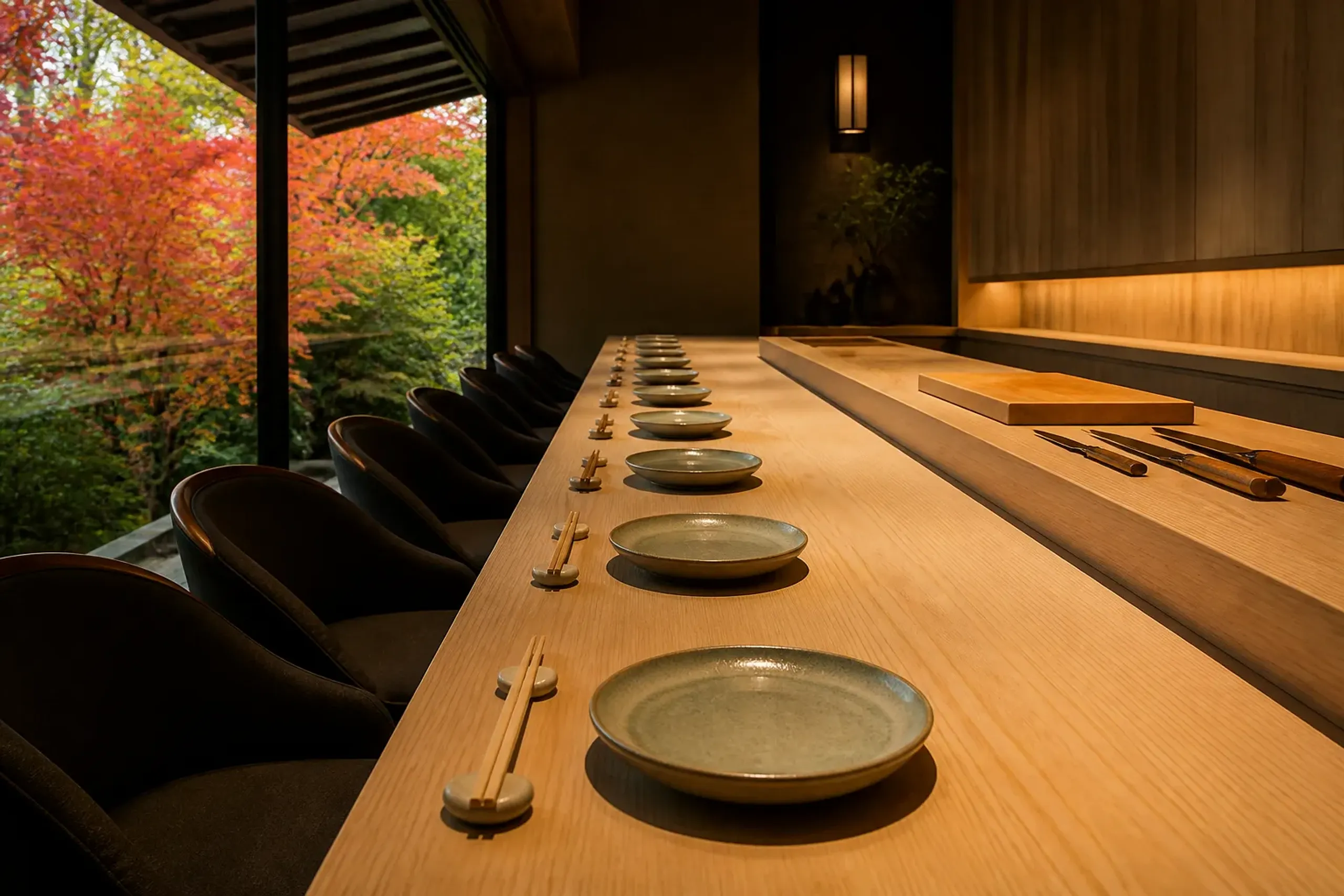 A sushi counter set with eight place settings in an intimate Japanese restaurant