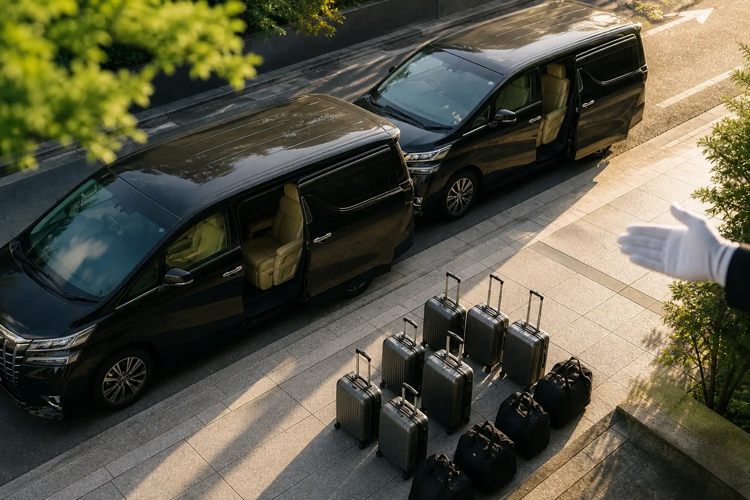 Two chauffeured vans with luggage staged for a private family transfer in Tokyo