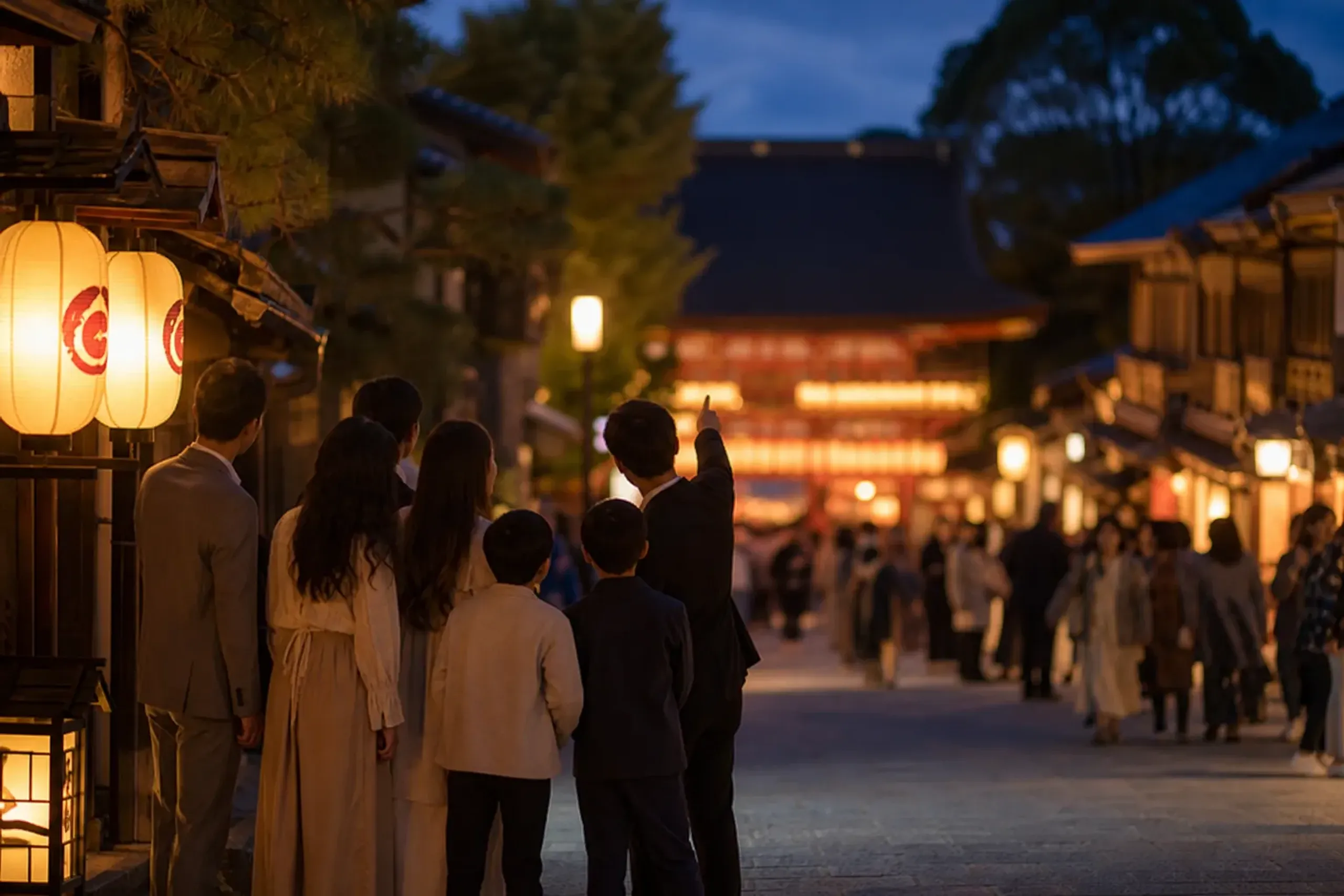 A family group in Kyoto observing a busy evening street near a shrine from a calmer edge
