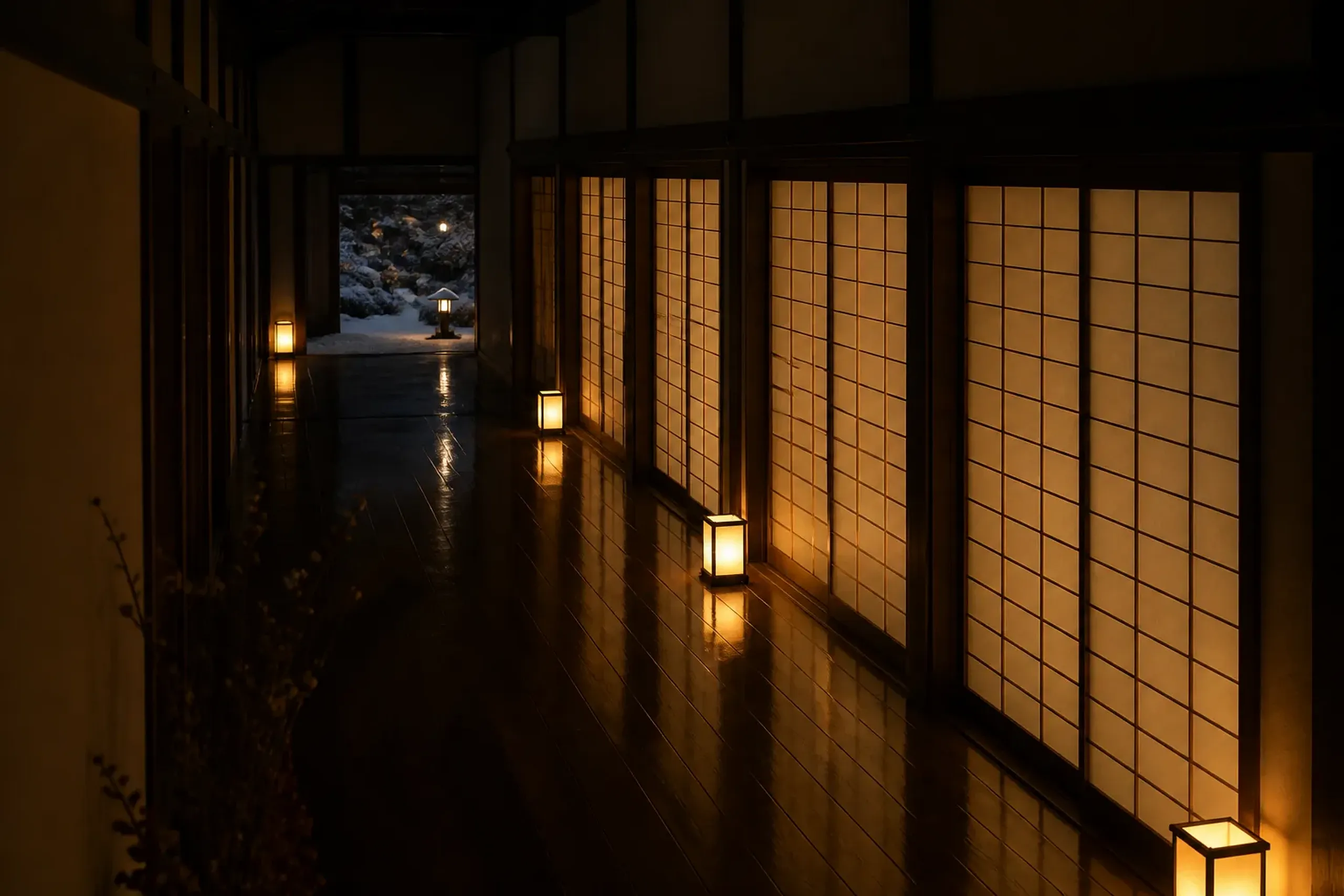 A quiet ryokan corridor at night, lined with four sliding shoji doors of adjacent tatami guest rooms, softly lit paper lanterns casting warm light on polished wooden floorboards