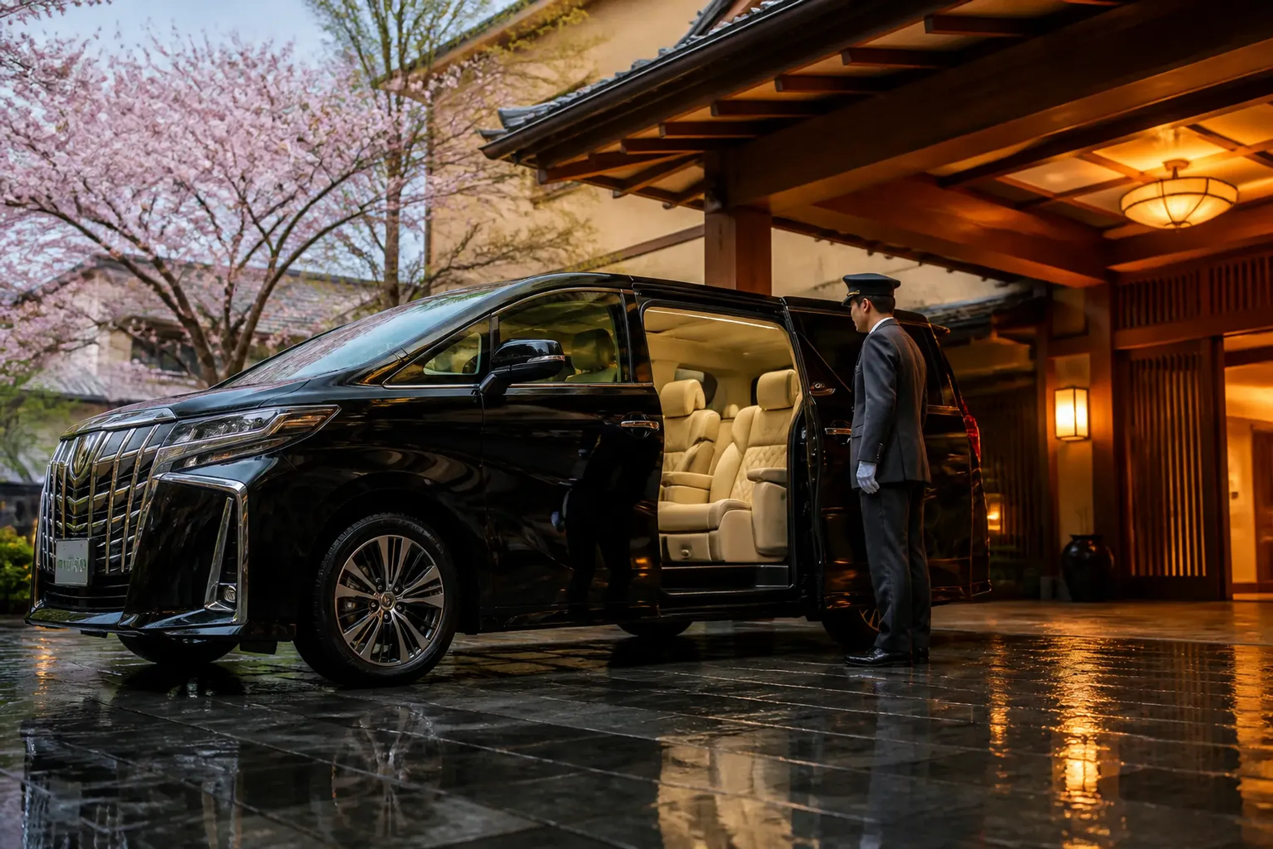 A black chauffeured Toyota Alphara luxury van parked at the entrance of a Japanese luxury hotel, sliding door open to reveal plush interior seating