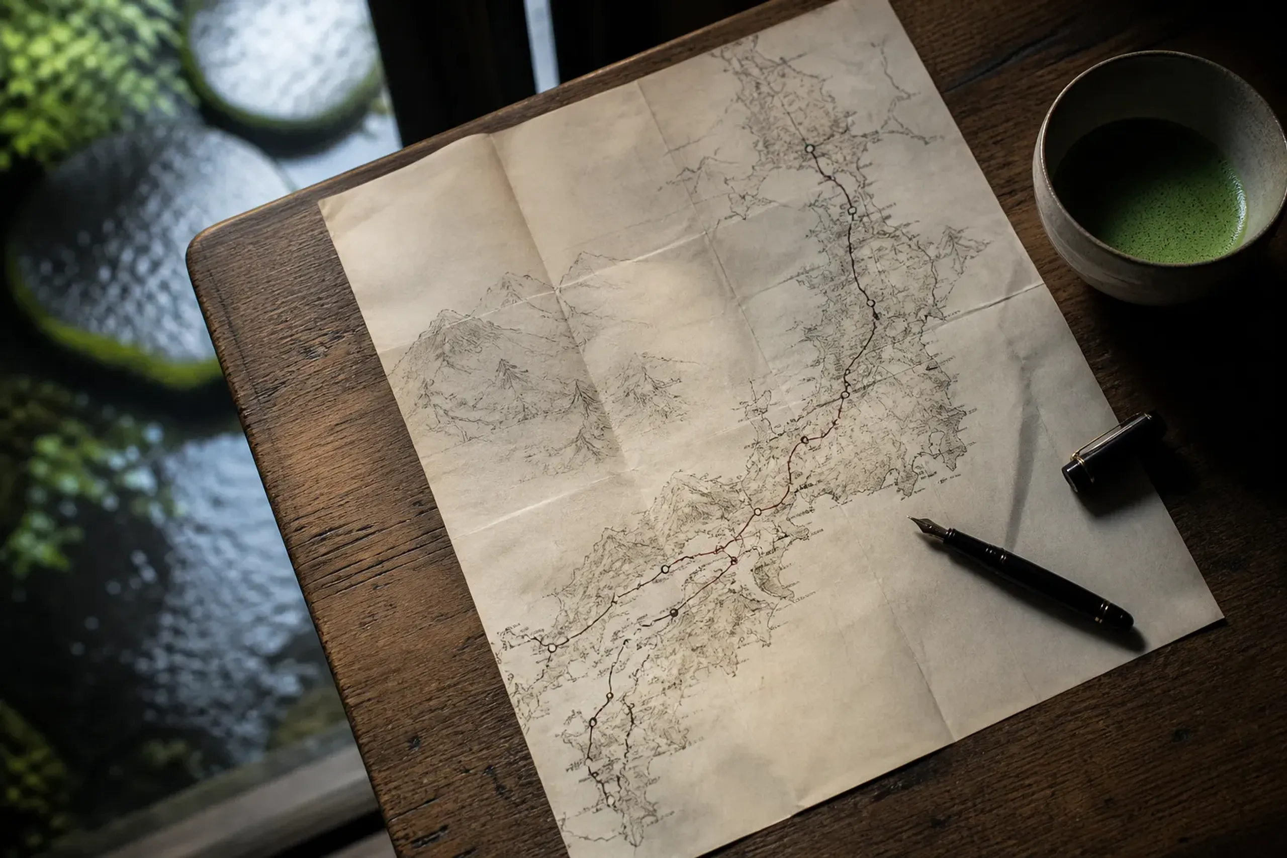 A folded hand-drawn Japan itinerary map on a wooden desk beside a fountain pen and a cup of matcha, showing route lines between Tokyo, Kyoto, and coastal towns